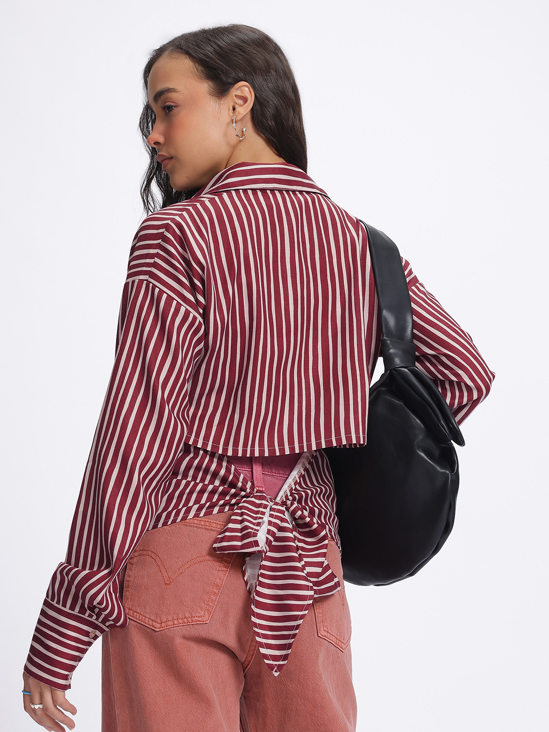 glitchez Striped Back Tie-Up High-Low Regular Fit Shirt