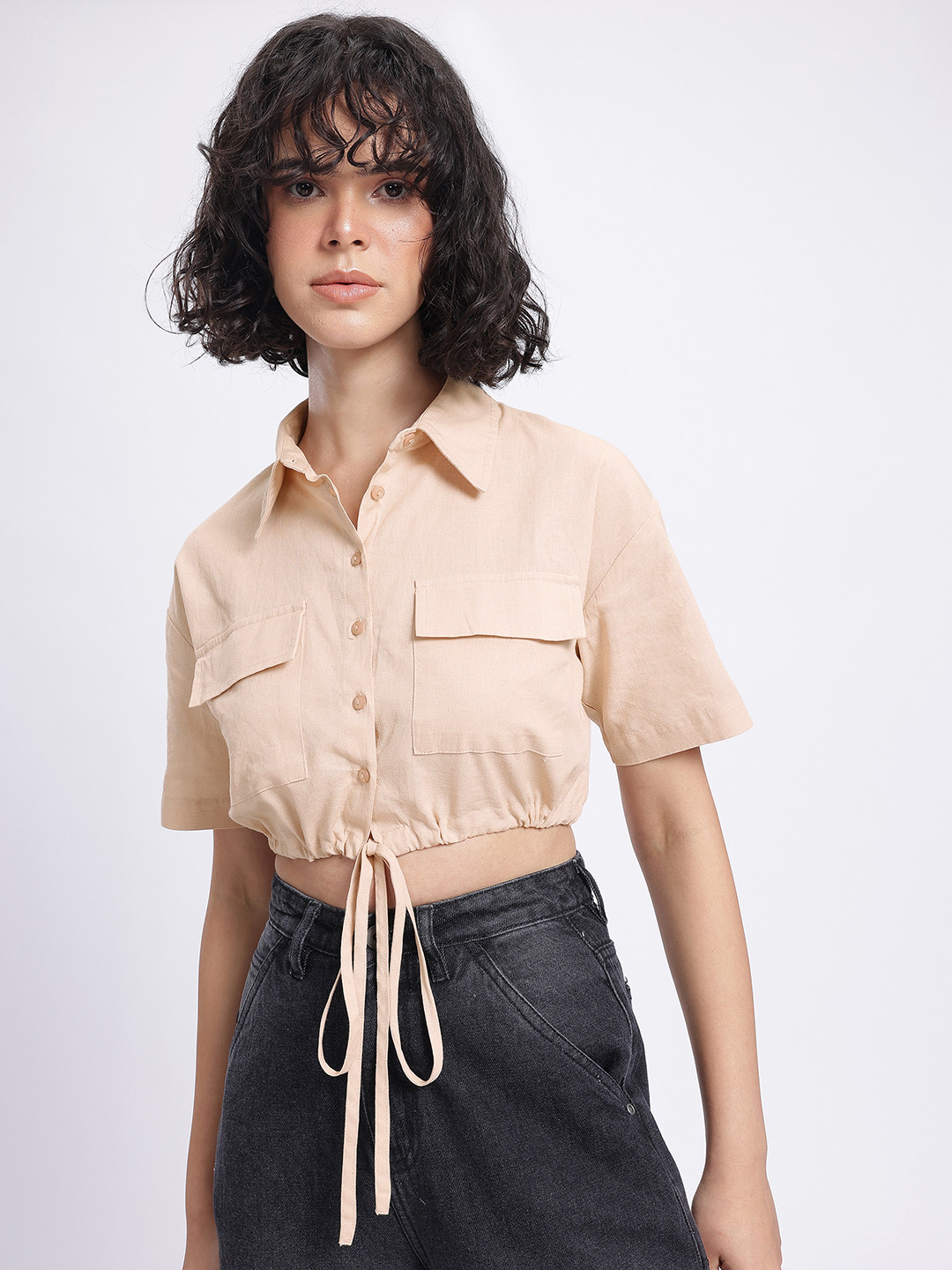 glitchez Drawstring Cinch Cotton-Linen Boxy Top