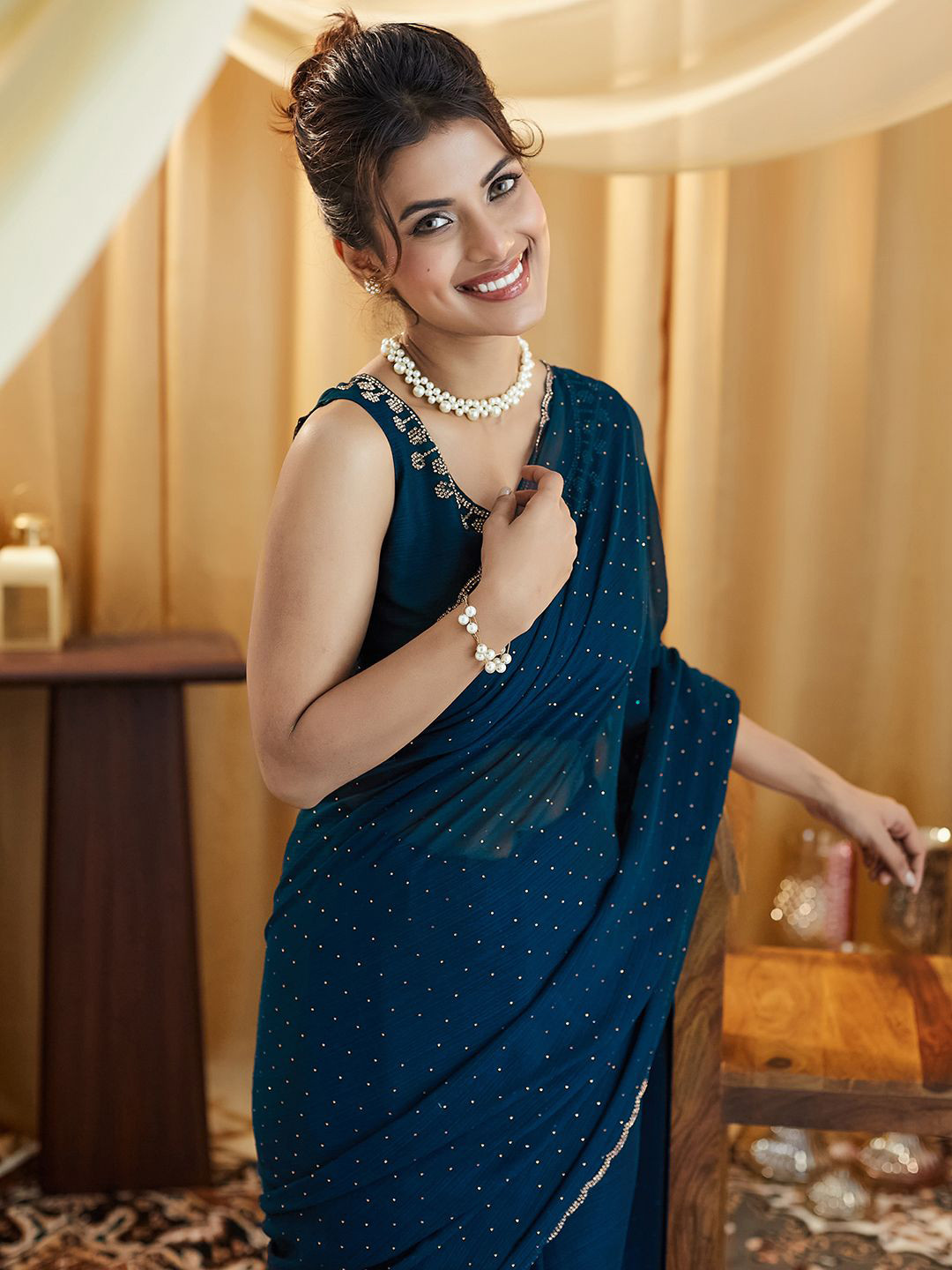 Satrani Beads and Stones Pure Georgette Saree
