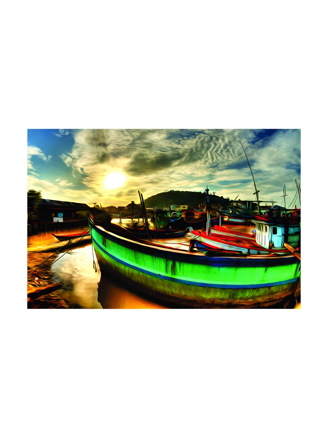 Inephos Green & Blue Ships In Lake Illustration Canvas Painting Unframed Wall Art