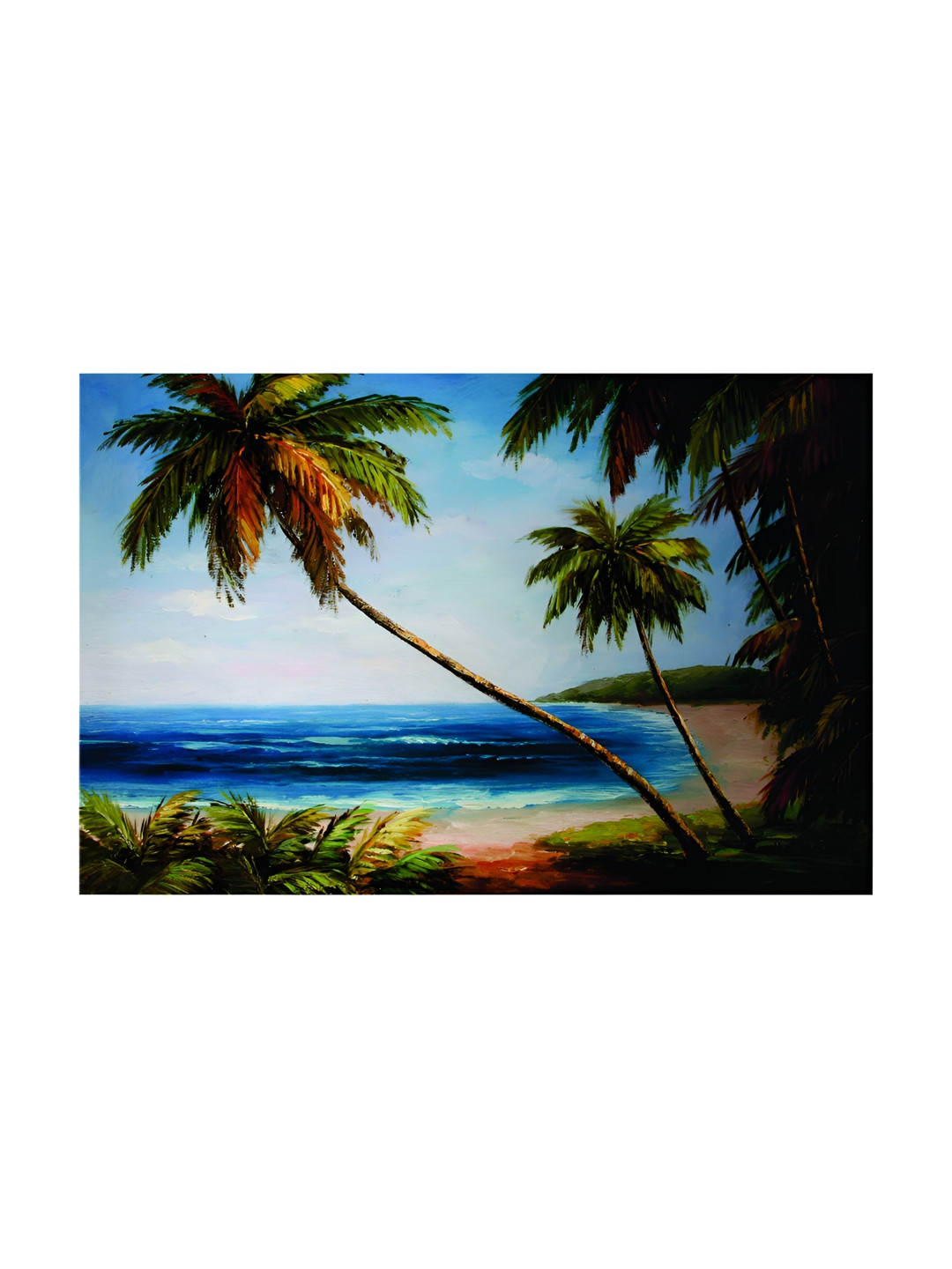 Inephos Blue & Green Beach Illustration Canvas Painting Unframed Wall Art