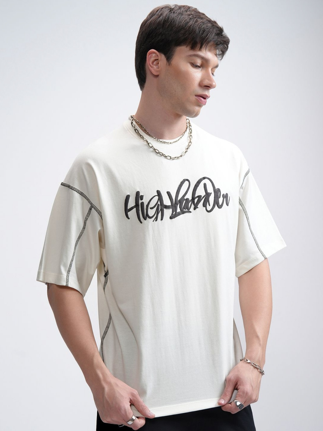 HIGHLANDER Men Round Neck Half Sleeve Cut And Sew Oversized Embellished T- Shirt