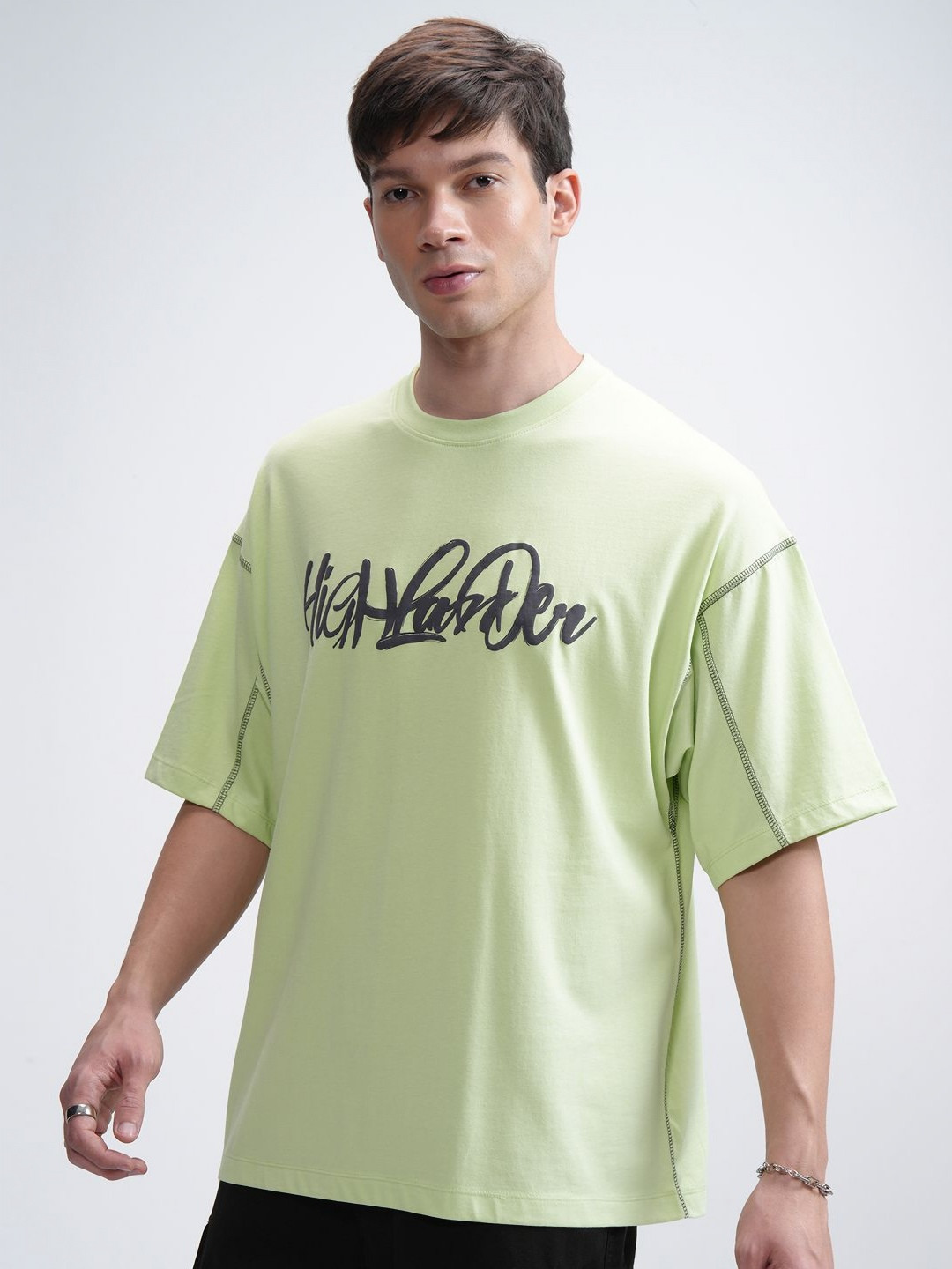 HIGHLANDER Men Lime Round Neck Half Sleeve Cut and Sew Oversized Embellished T-Shirt