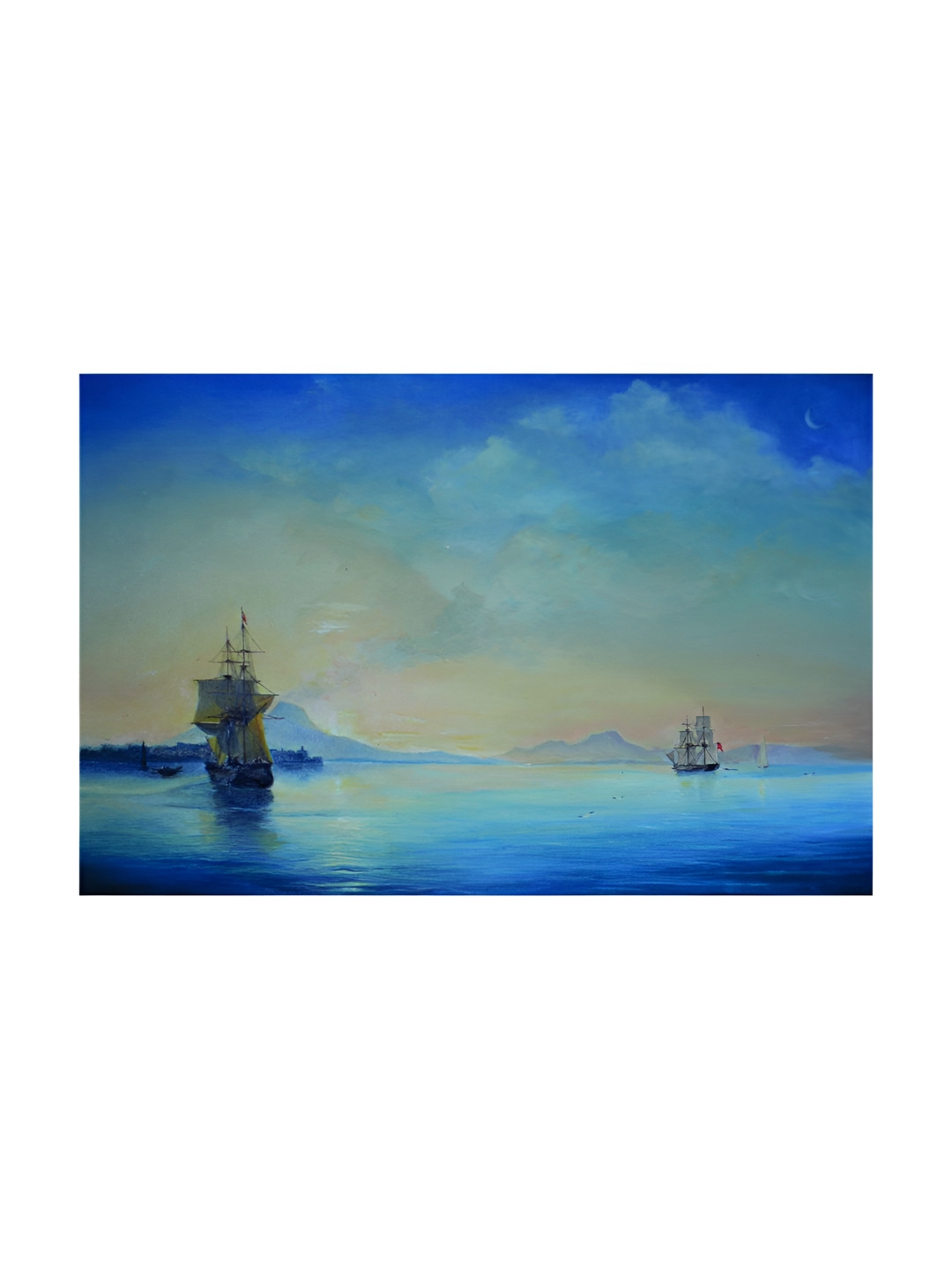 Inephos Blue & White Ships In Ocean Canvas Painting Unframed Wall Art
