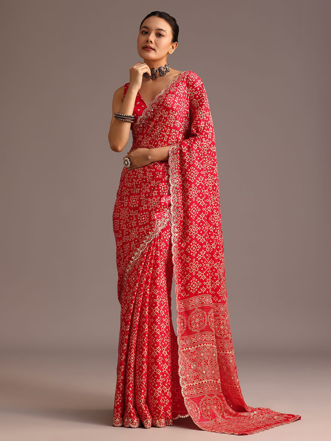 KALKI Fashion Ajrak Block Printed Mirror Work Saree