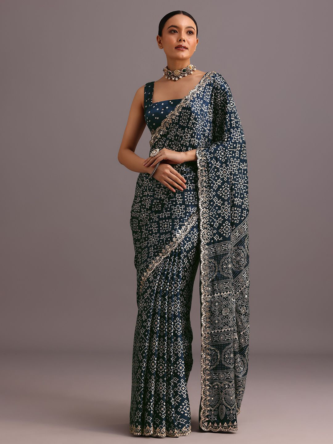 KALKI Fashion Ajrakh Printed Mirror Work Satin Saree