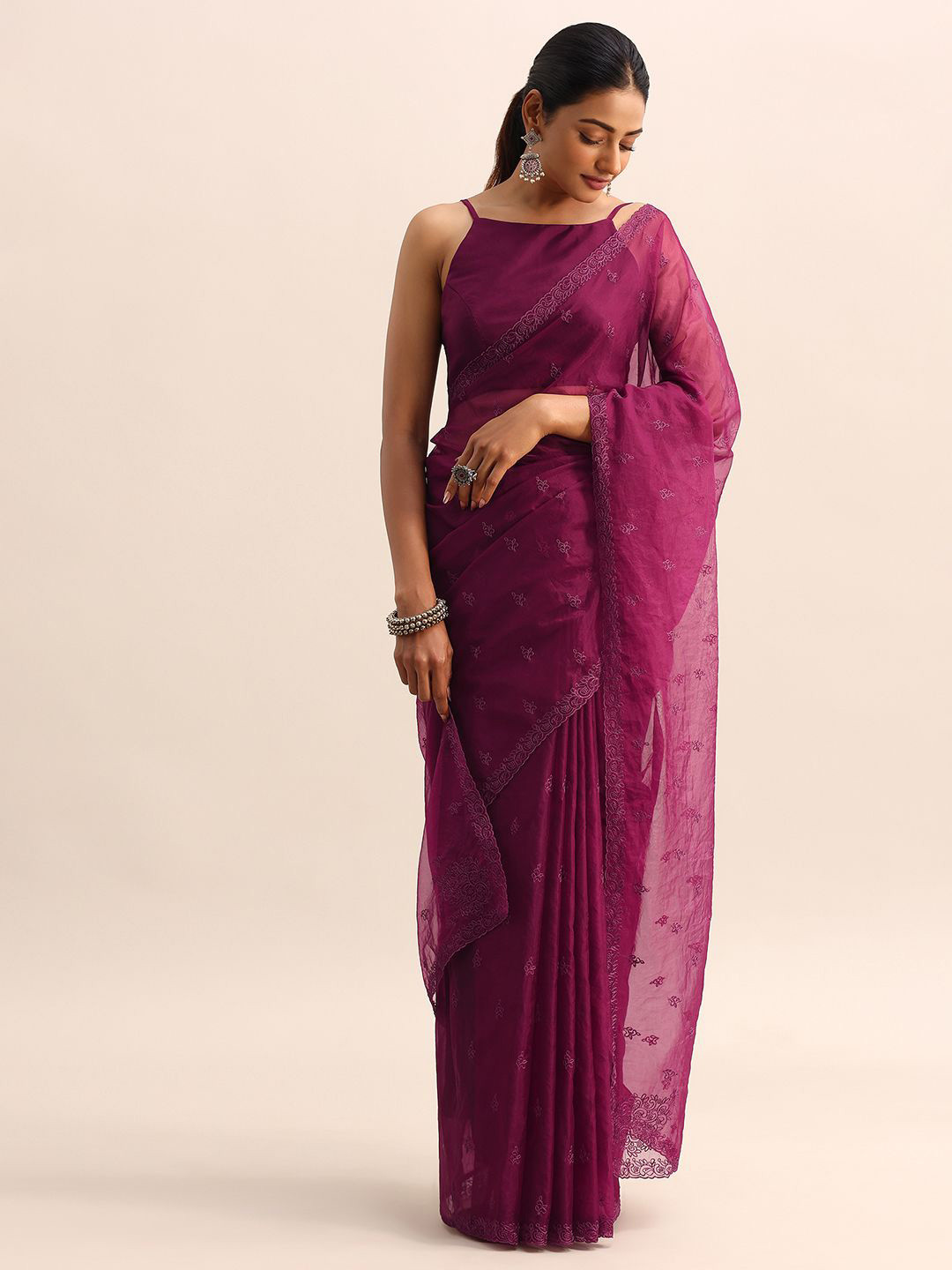 KALKI Fashion Embroidered  Floral Resham Work Organza Saree