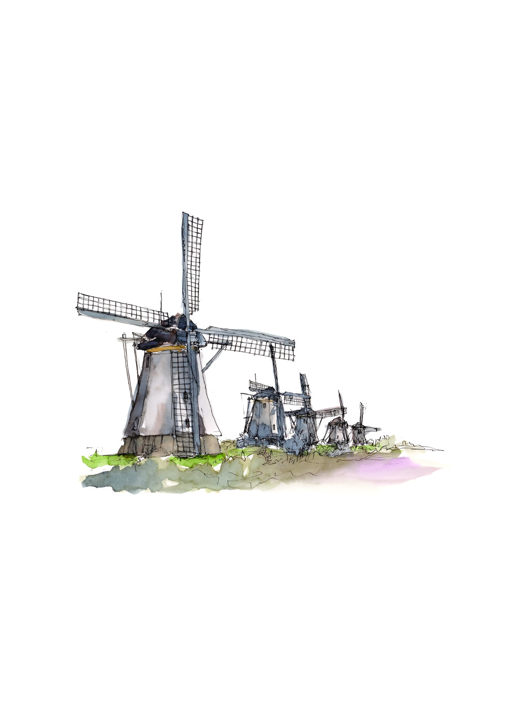 Inephos White & Grey Canvas Windmills Illustration Painting Unframed Wall Art