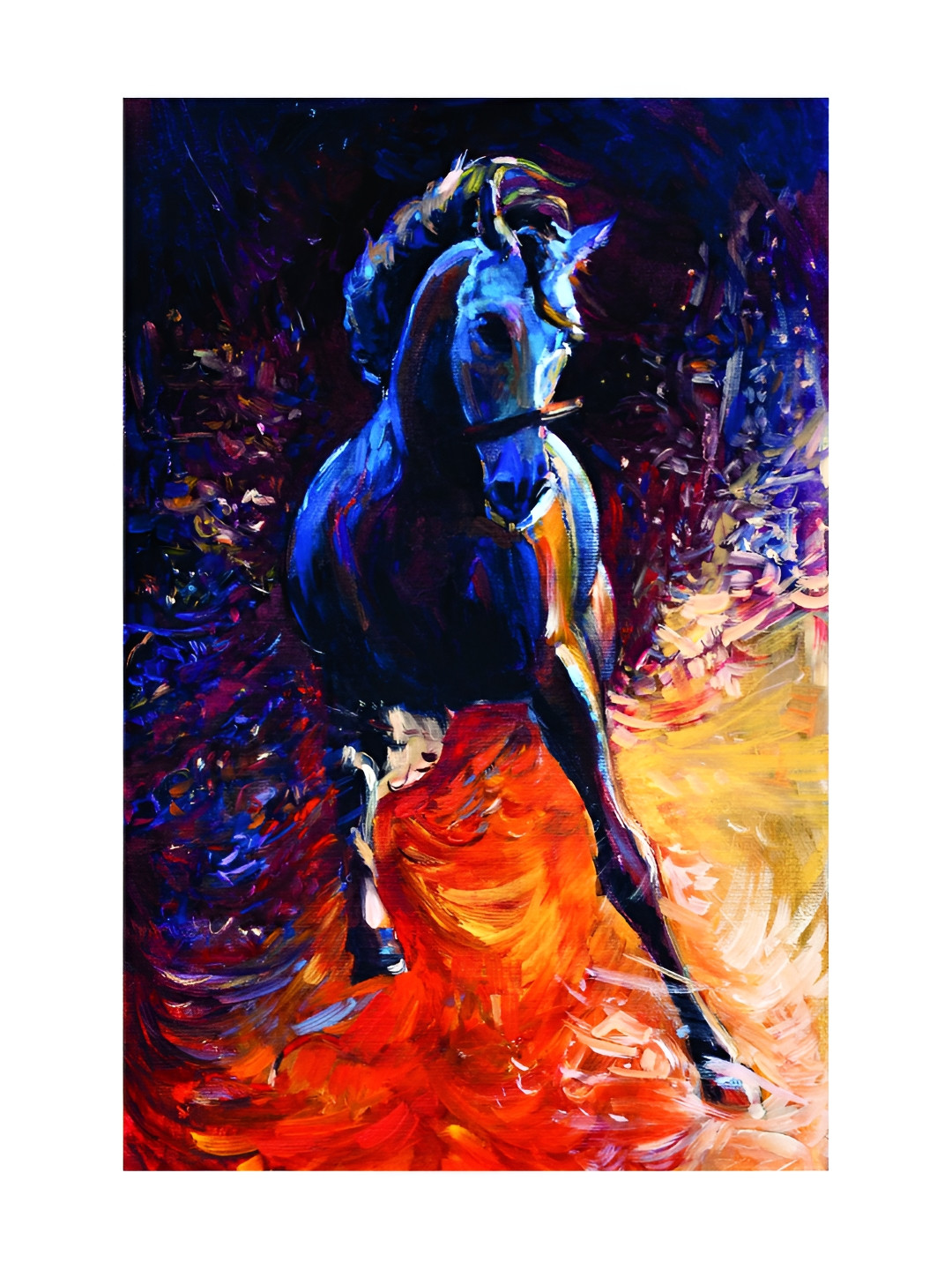 Inephos Black & Blue Canvas Horse Art Vastu Painting Unframed Wall Art