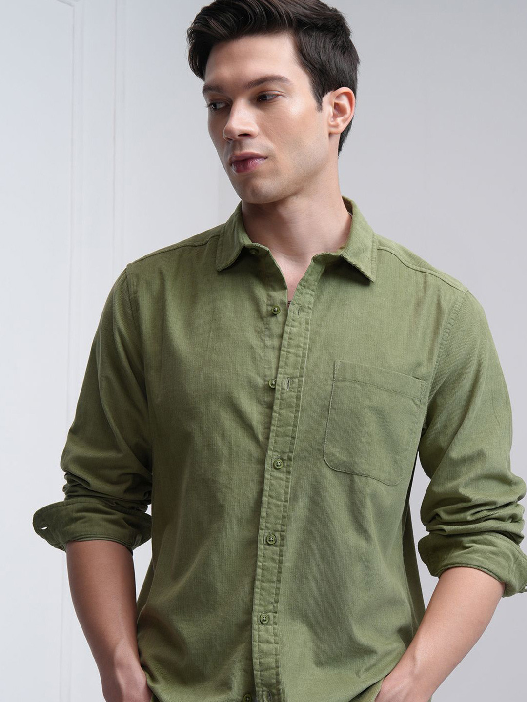 HIGHLANDER Men Corduroy Textured Casual Slim Fit Shirt