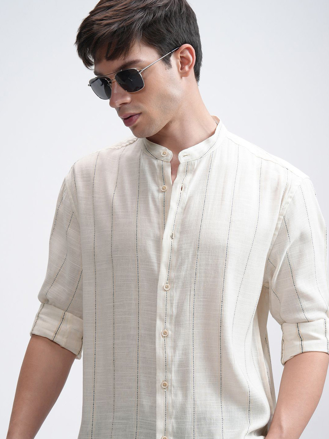 HIGHLANDER Men Chinelle Yarn Textured Striped Mandarin Collar Relaxed Shirt