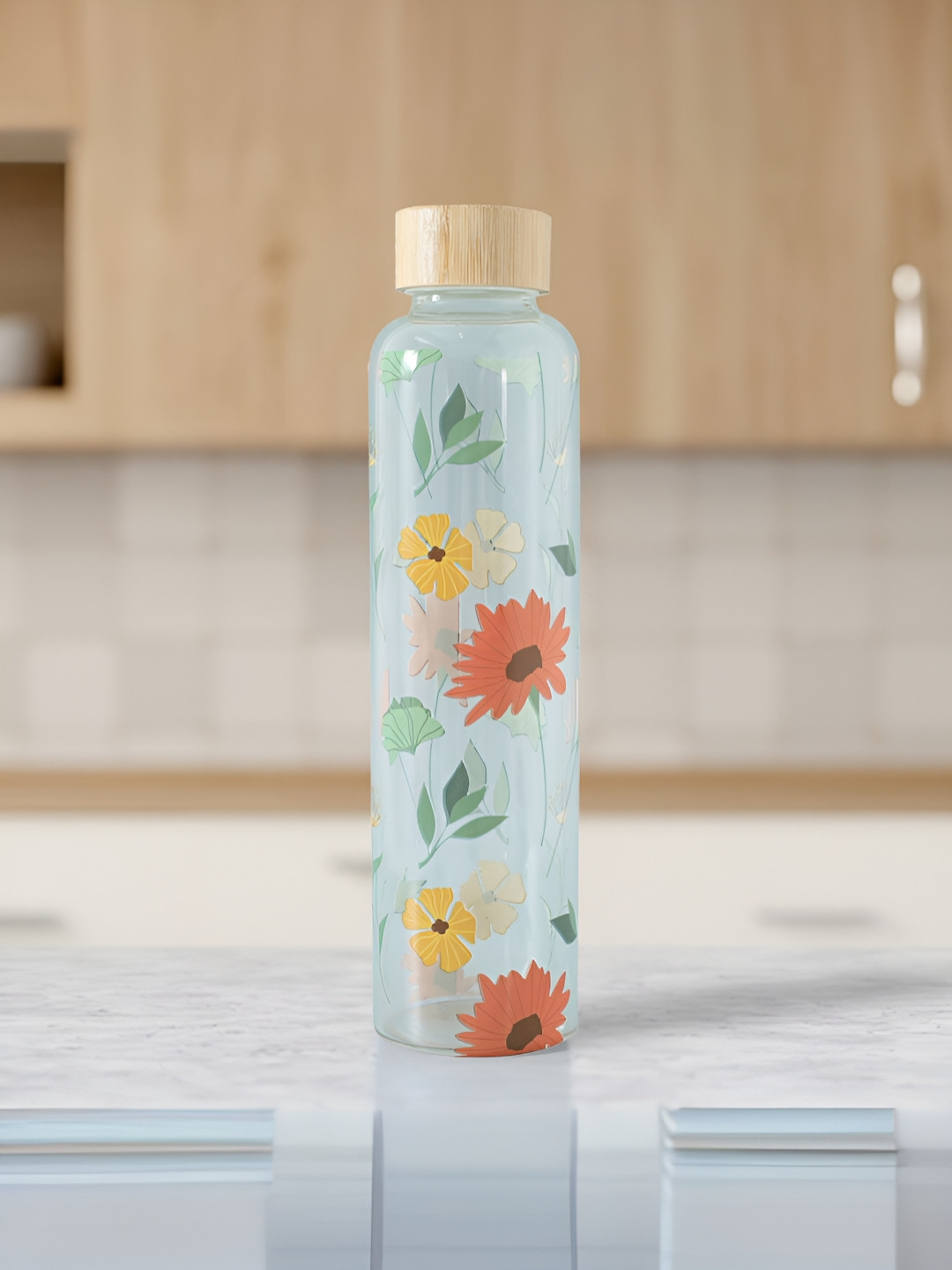 The Better Home Blue Floral Printed Borosilicate Single Wall Vacuum Glass Water Bottle