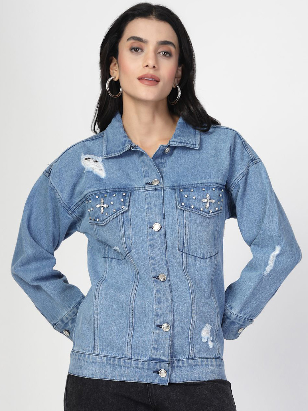 COSMIC TRIO Women Spread Collar Self Design Lightweight Cotton Casual Denim Jacket