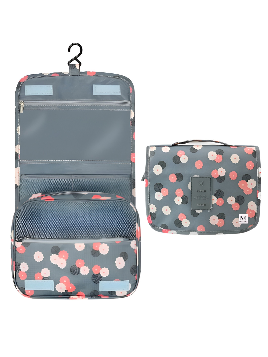 NFI essentials Grey & Peach Colored Printed Travel Makeup Organiser