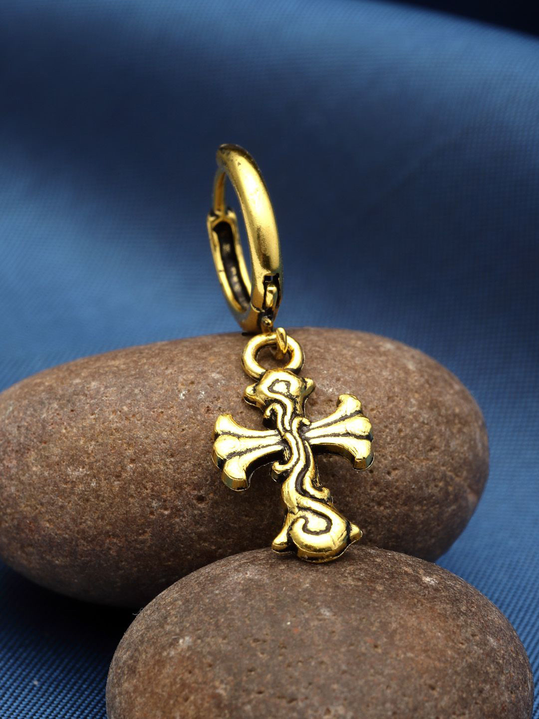 Sanjog Gold-Plated Vintage Cross Hoop Quirky Antique Drop Piercing Earstuds