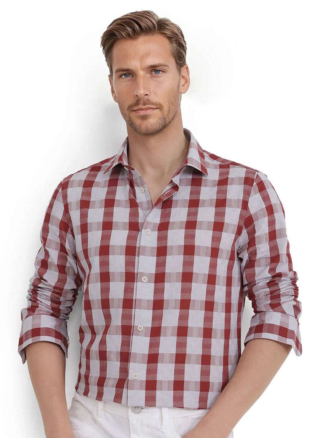 RARE RABBIT Spread Collar Checked Pure Casual Regular Fit Shirt
