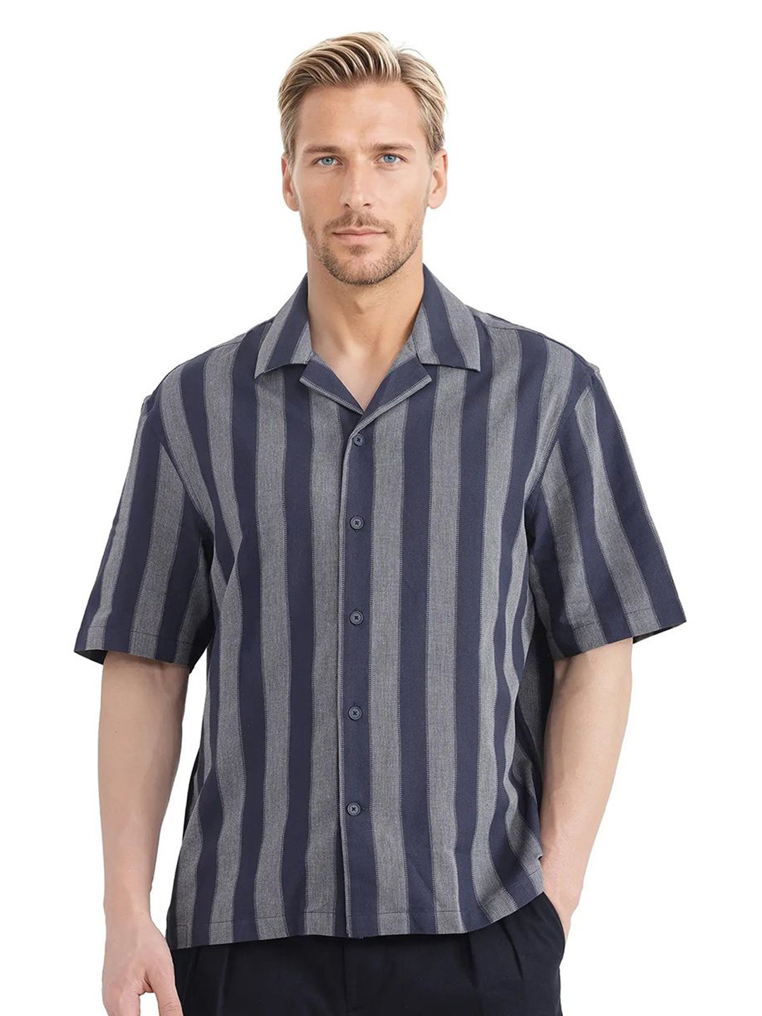 RARE RABBIT Men DUSHAN Comfort Fit Cuban Collar Vertical Striped Casual Shirt