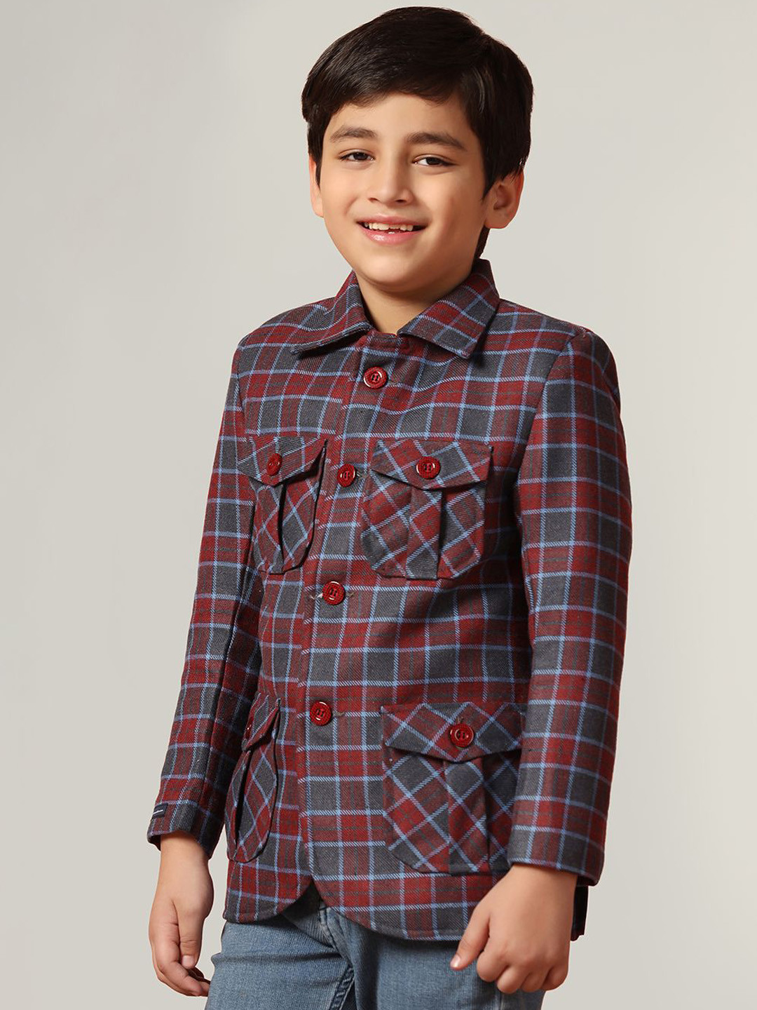 TAHVO Checked Printed Spread Collar Woolen Tweed Casual Pea coat