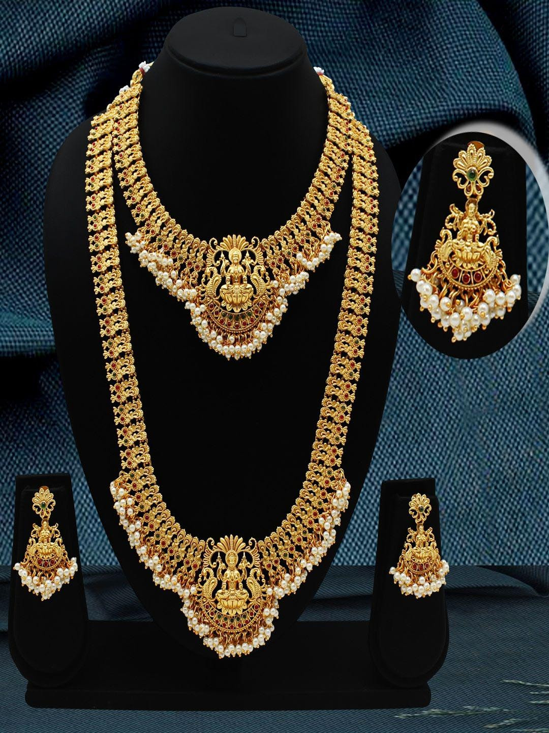 JANAVI Gold Plated Artificial Stones Studded & Beaded Necklace With Earrings