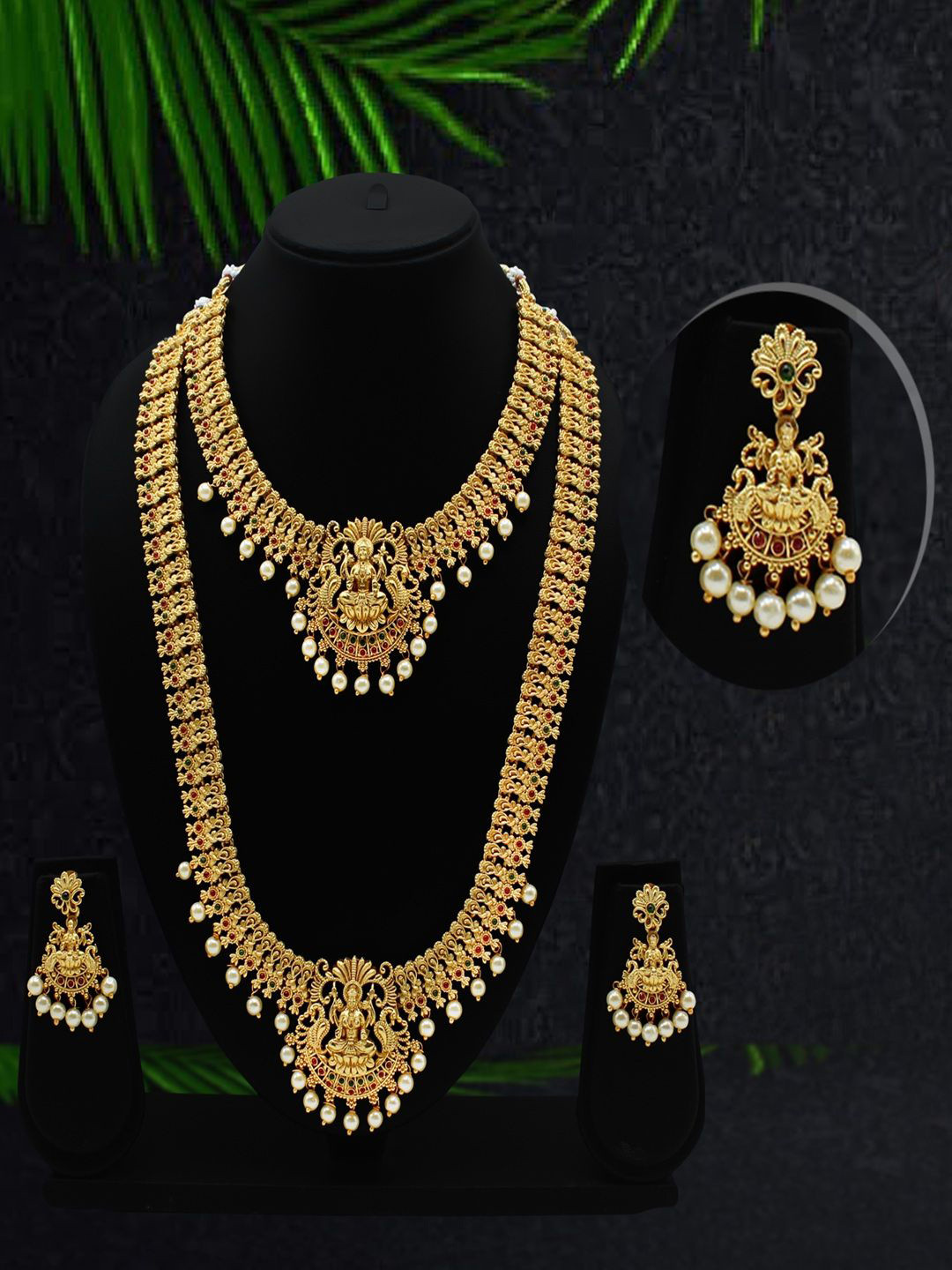 JANAVI Gold Plated Artificial Stones Studded & Beaded Necklace With Earrings
