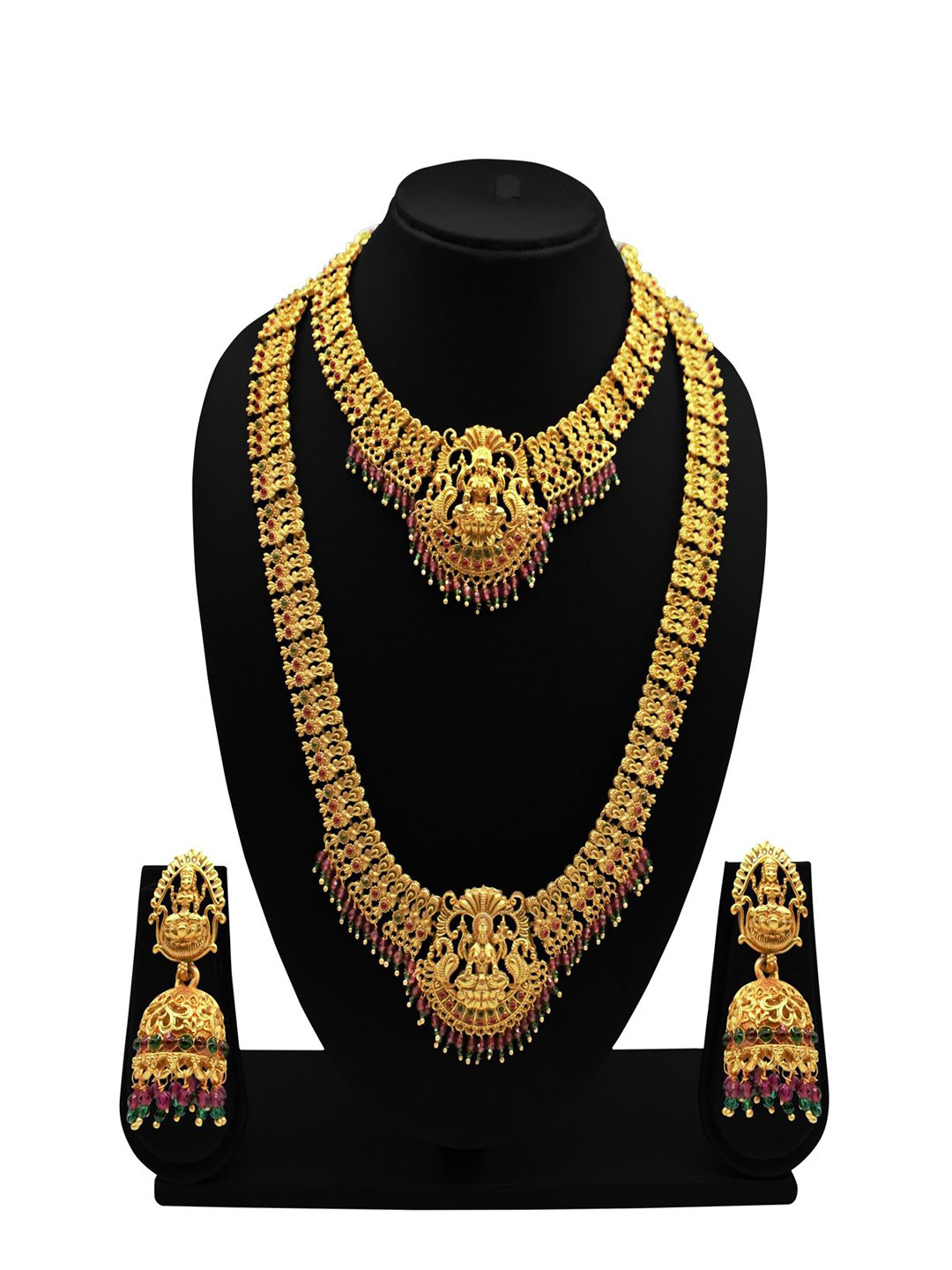 JANAVI Gold Plated Artificial Stone Studded & Beaded Necklace With Earrings