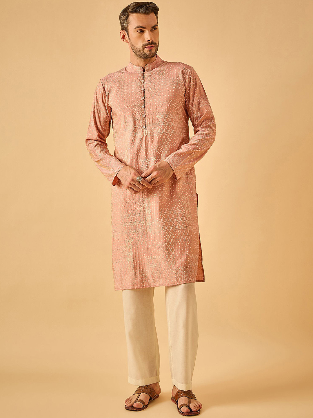 House of Pataudi Geometric Printed Mandarin Collar Straight Kurta