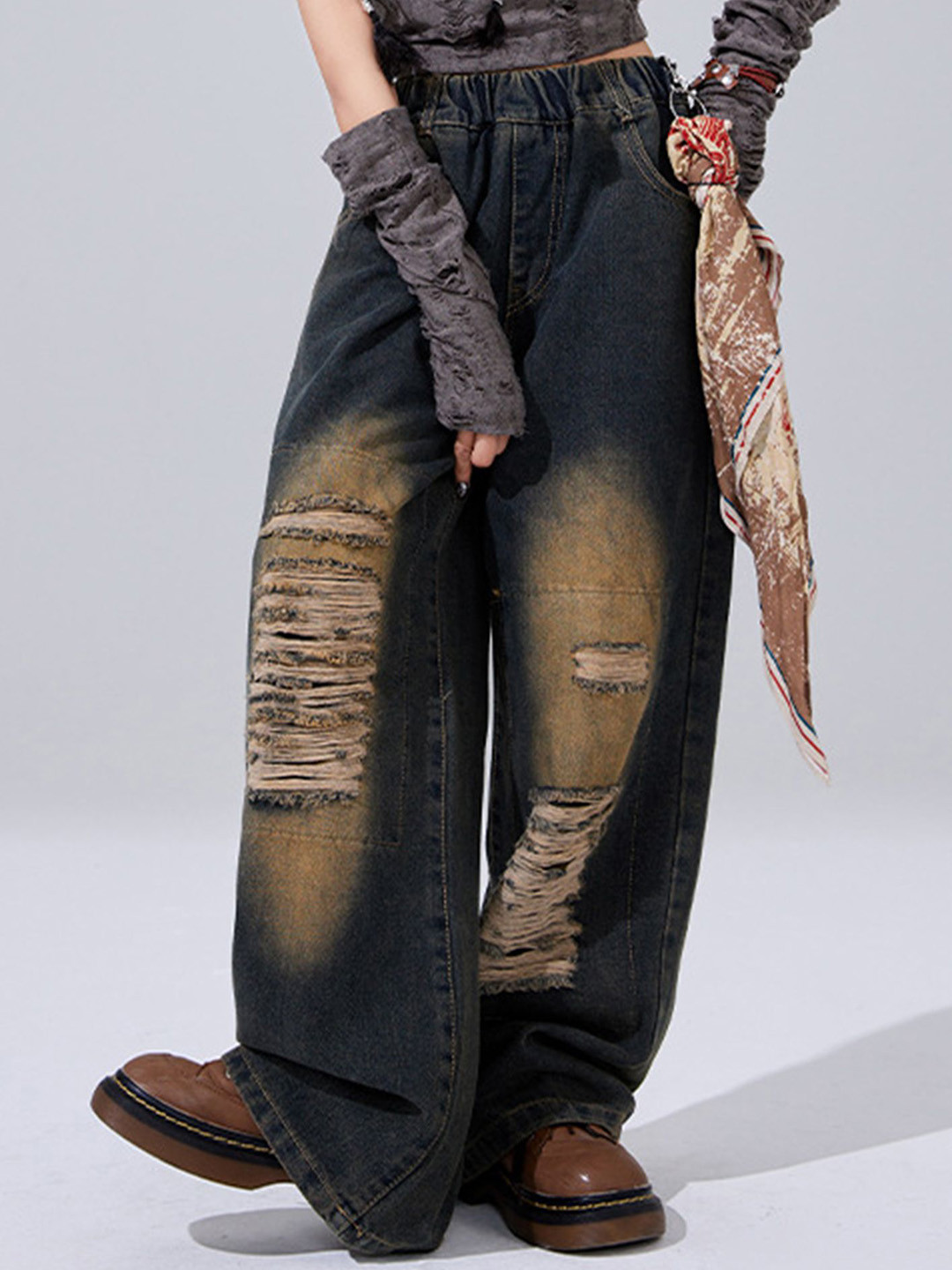 LULU & SKY Kids Cotton Straight Fit Wide Leg Highly Distressed Heavy Fade Jeans