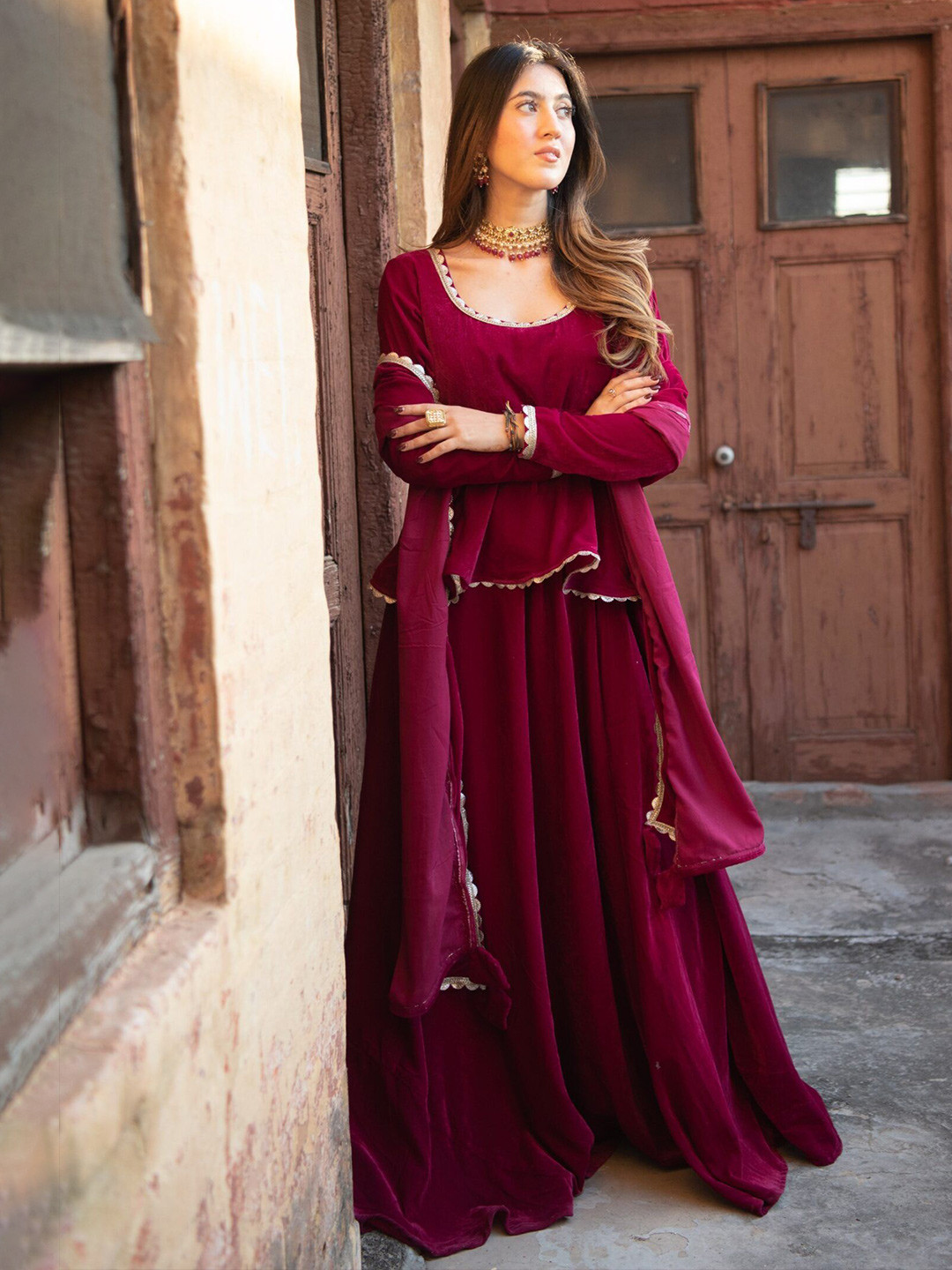 DIMPLE DESIGN STUDIO Embroidered Regular Velvet Kurta with Skirt & Dupatta
