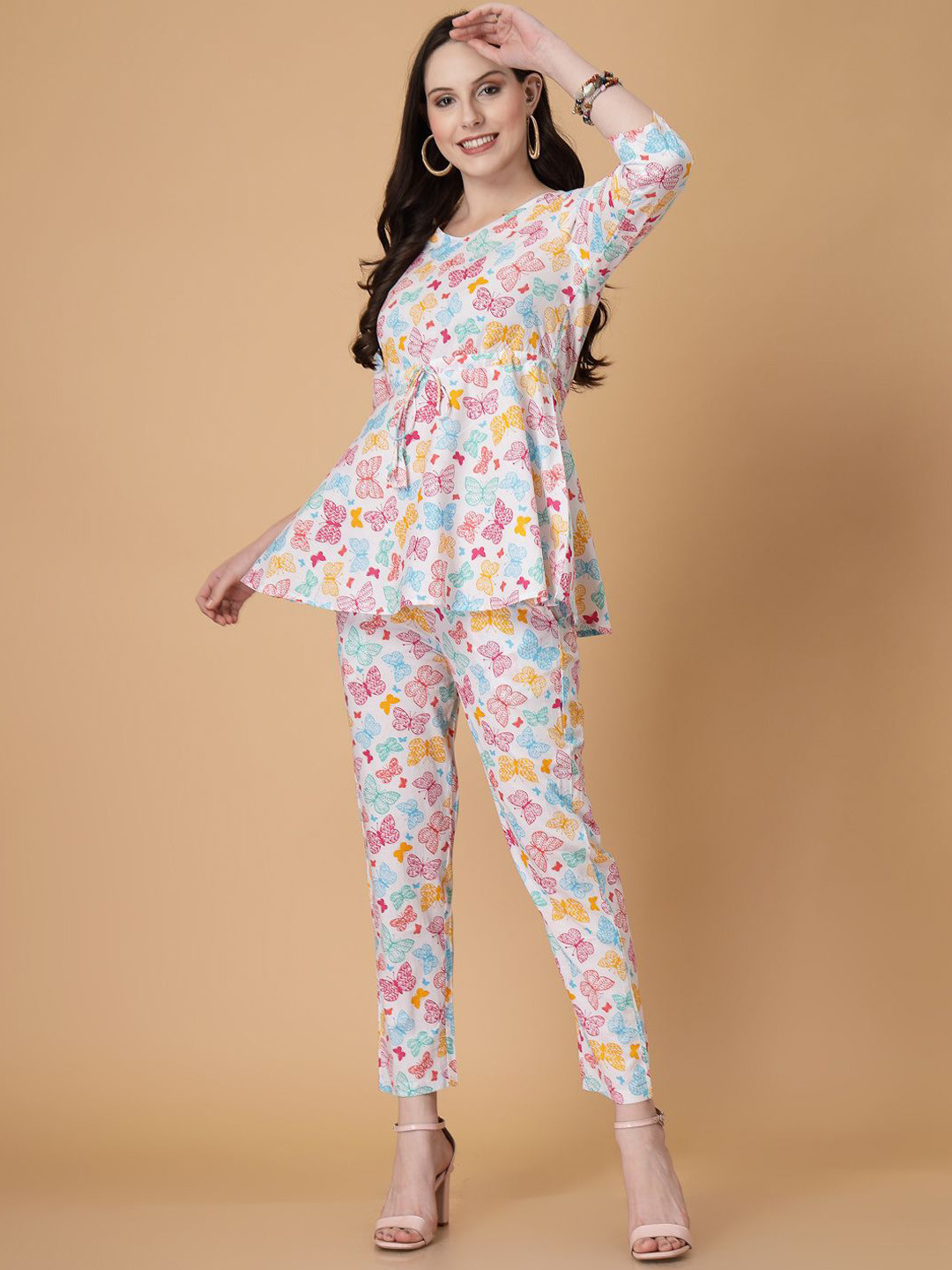 God Bless V-Neck Printed Pure Cotton Tunic With Trouser