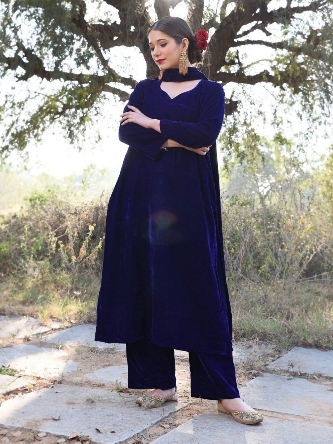 DIMPLE DESIGN STUDIO V-Neck Velvet A-Line Kurta With Palazzos & Dupatta