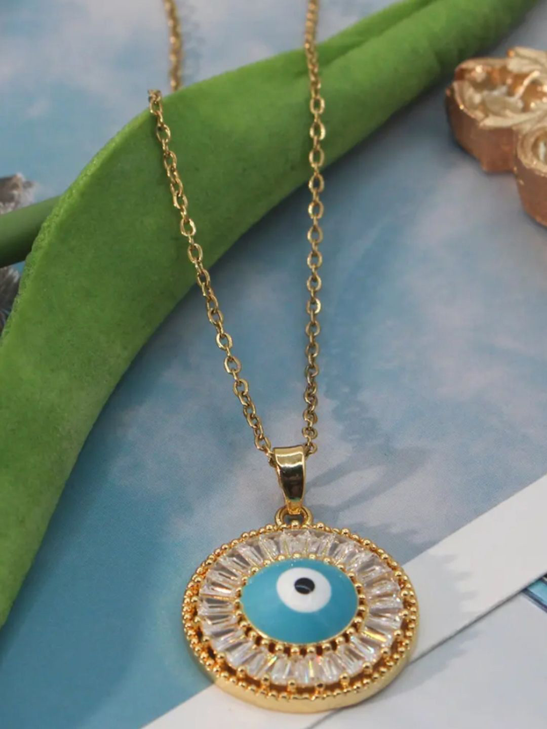 V FASHION JEWELLERY 9294 Gold-Plated Cubic Zirconia Studded Evil Eye Pendant With Chain