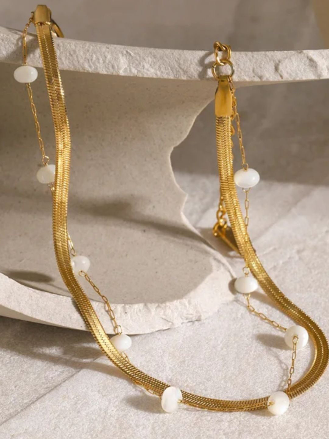 V FASHION JEWELLERY 9297 Gold-Plated Stainless Steel Pearl Beaded Snake Chain