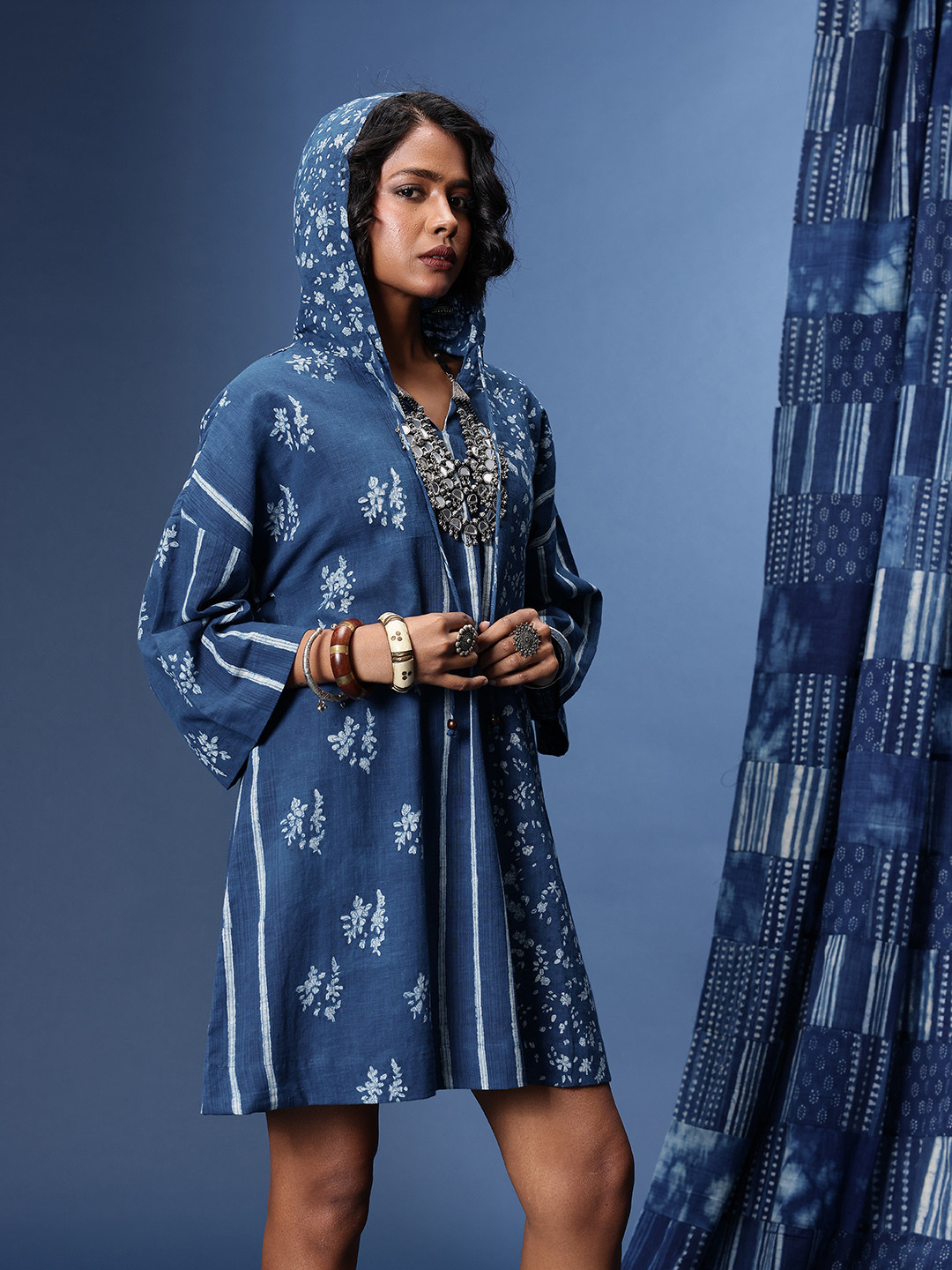 Taavi Floral Printed Pure Cotton Indigo Ethnic Dresse