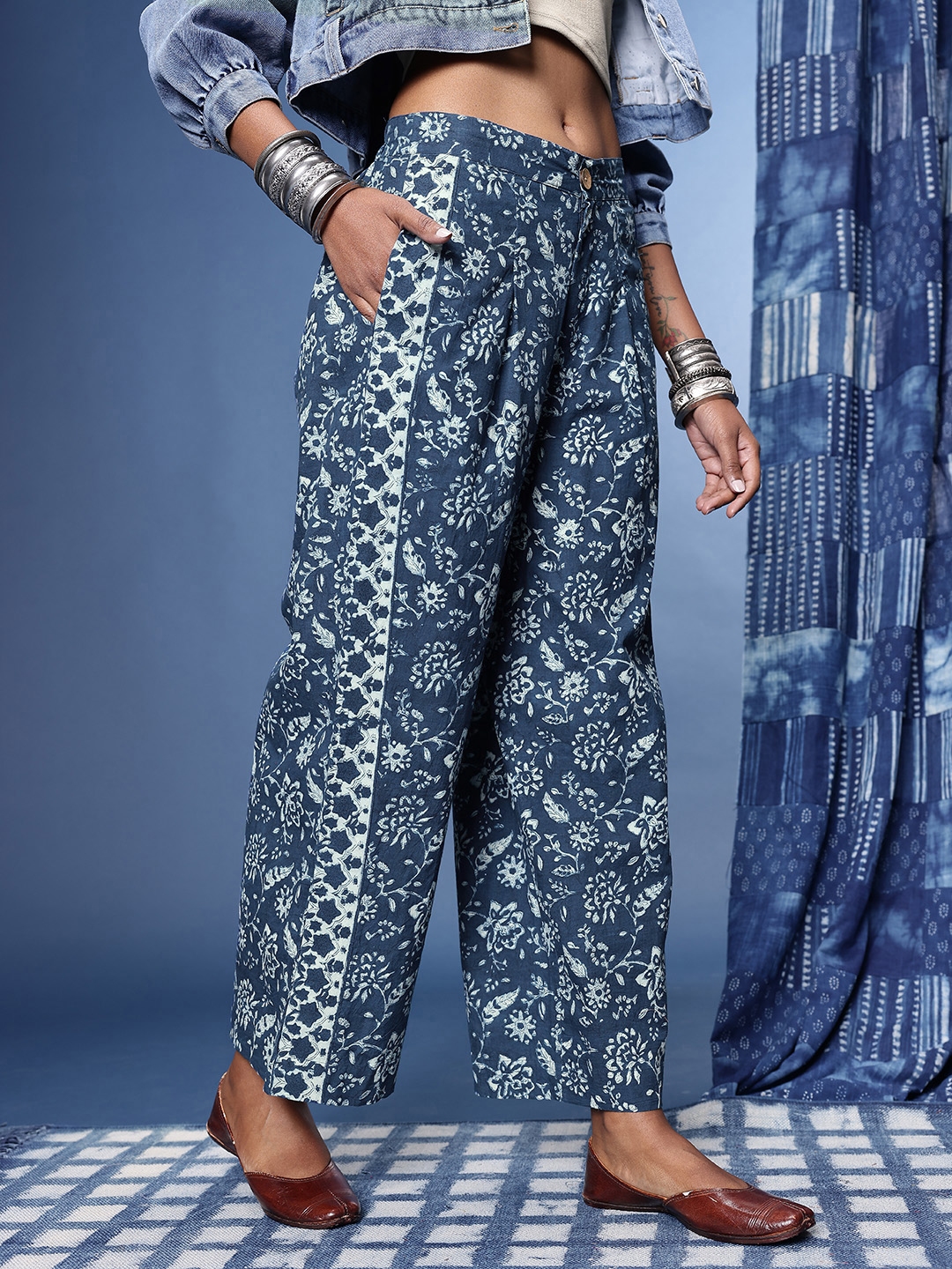 Taavi Indigo Women Loose Fit Floral Printed Pure Cotton Trousers - Trousers for Women 31969370 | Myntra
