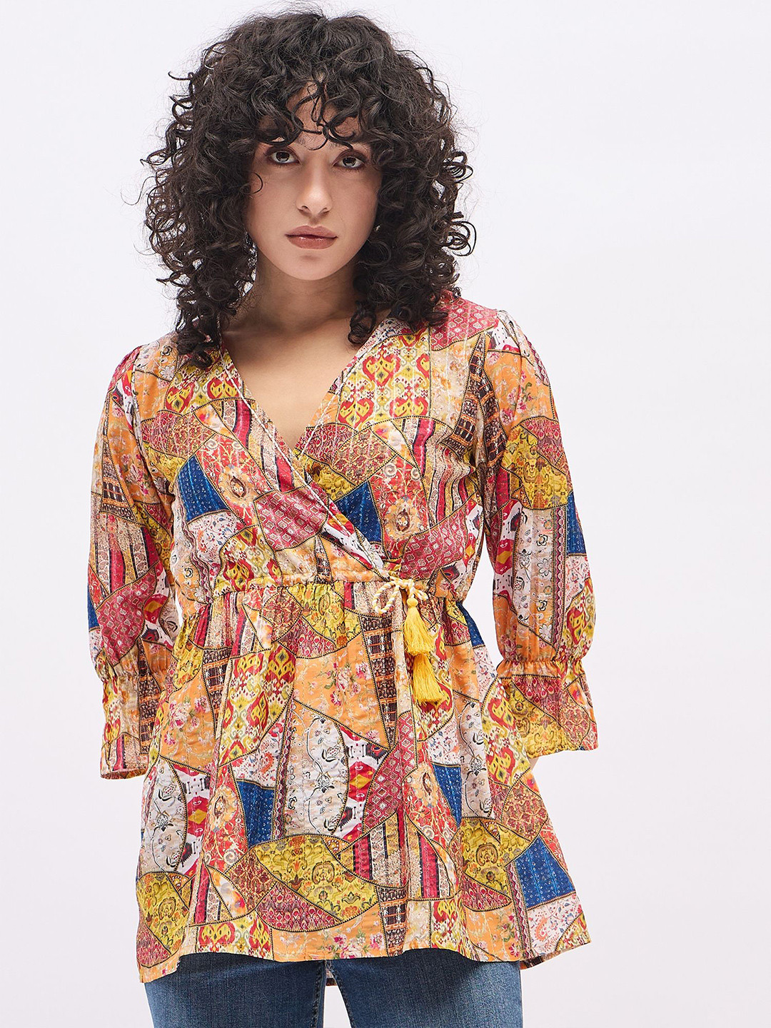 Deewa Printed Puff Sleeve Peplum Top