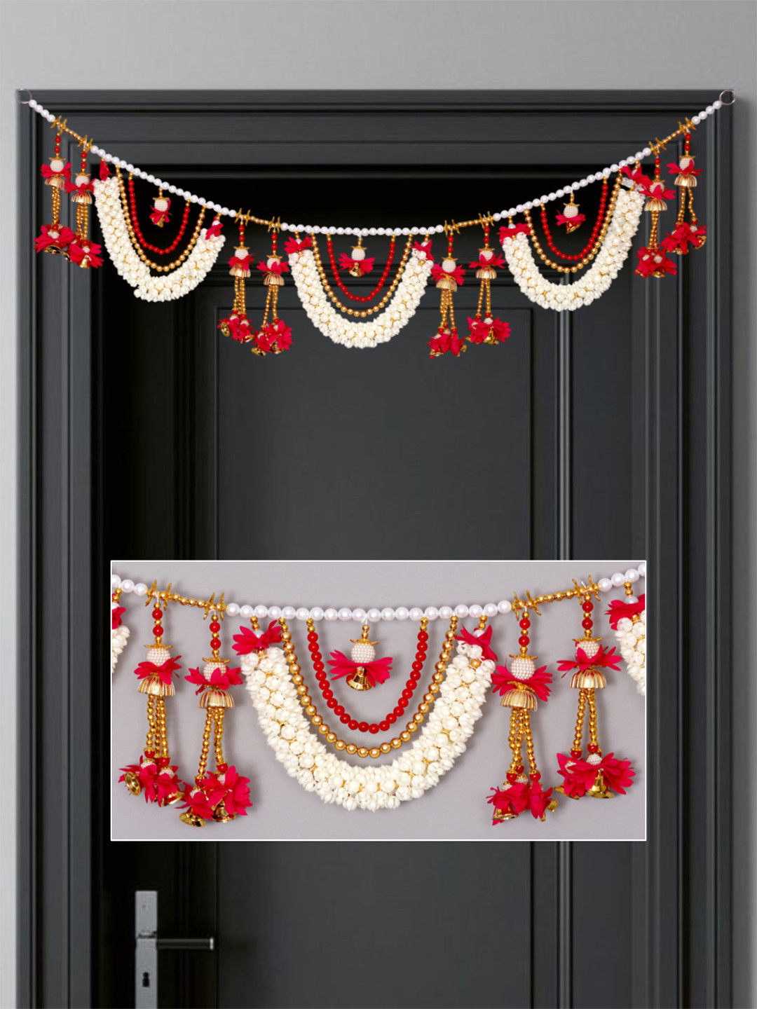 TORNORY White & Red Floral & Beaded Toran Door Hanging