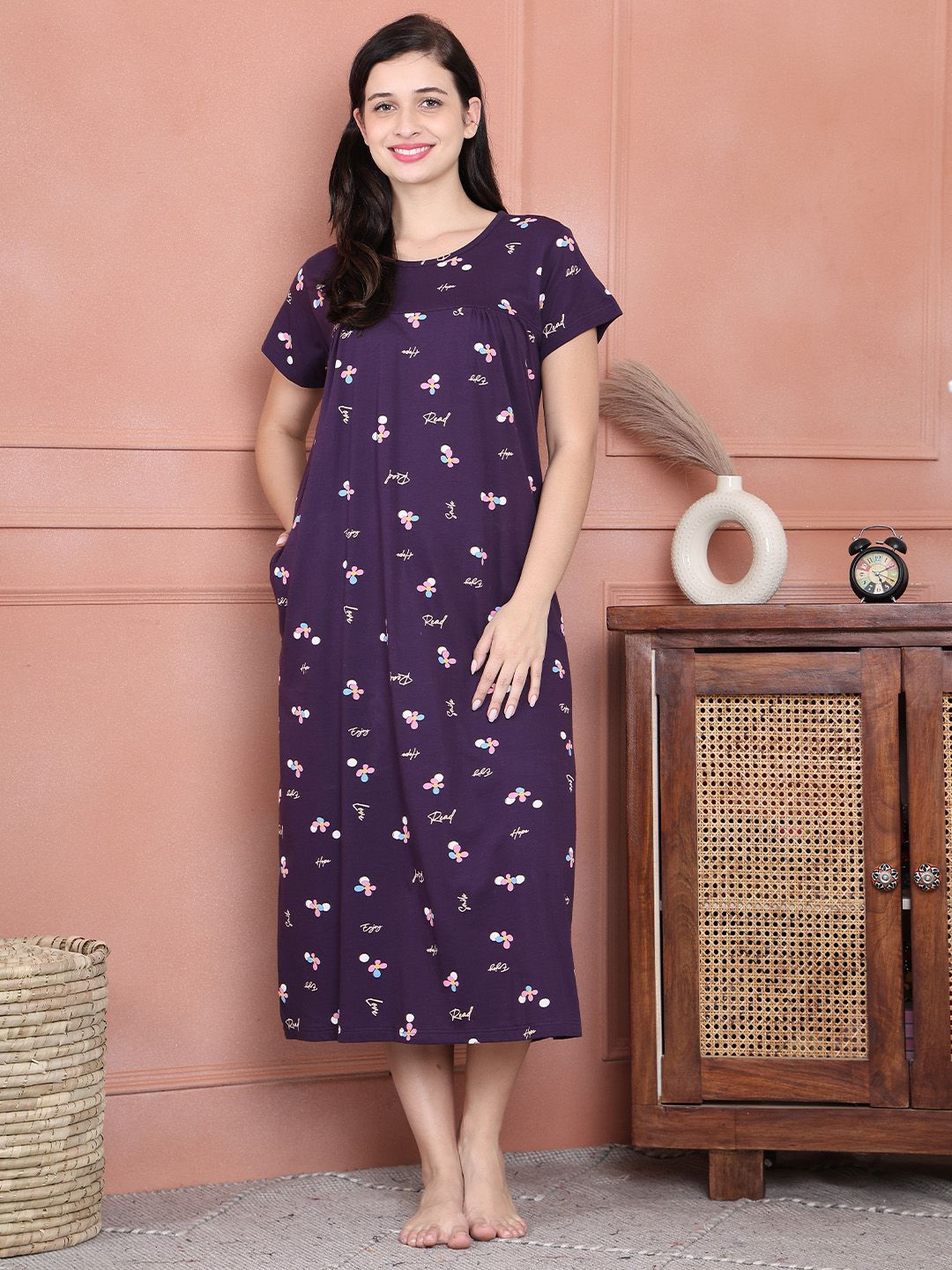 Secret Wish Women Floral Printed Pure Cotton Midi Nightdress