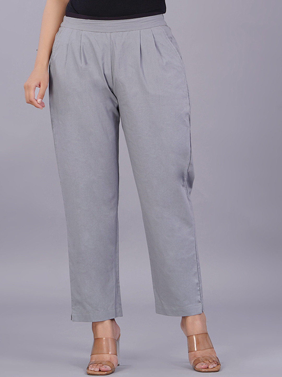 VENITYWAVE Women Cotton Relaxed Mid-Rise Regular Fit Pleated Cigarette Trouser