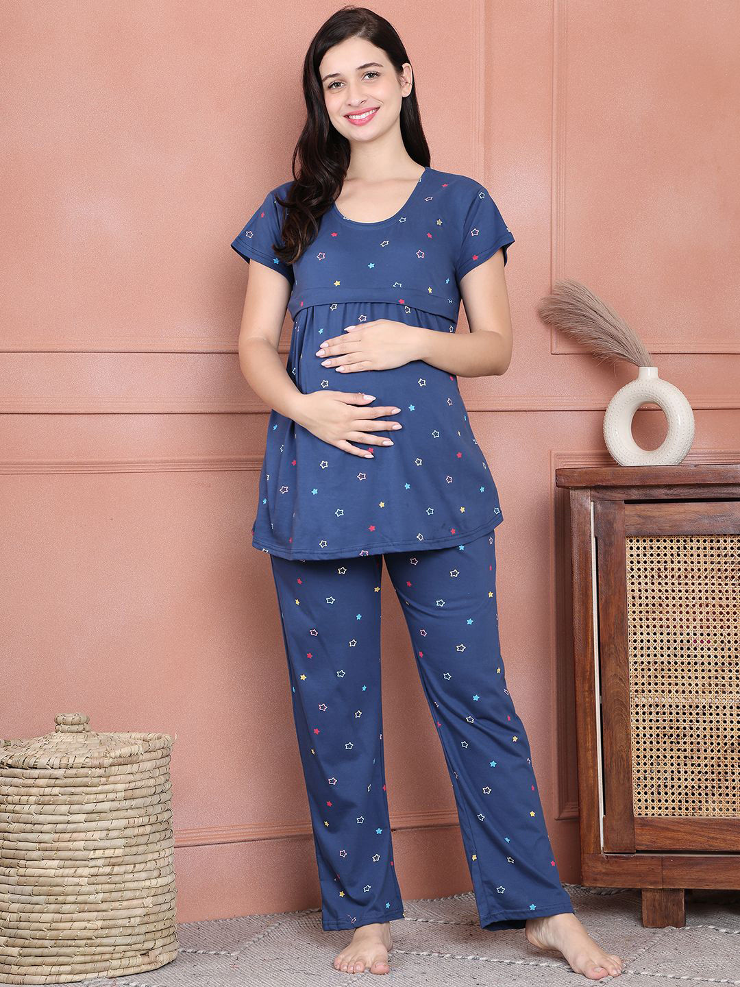 Secret Wish Start Hosiery Women Printed Pure Cotton Maternity Top With Pyjama