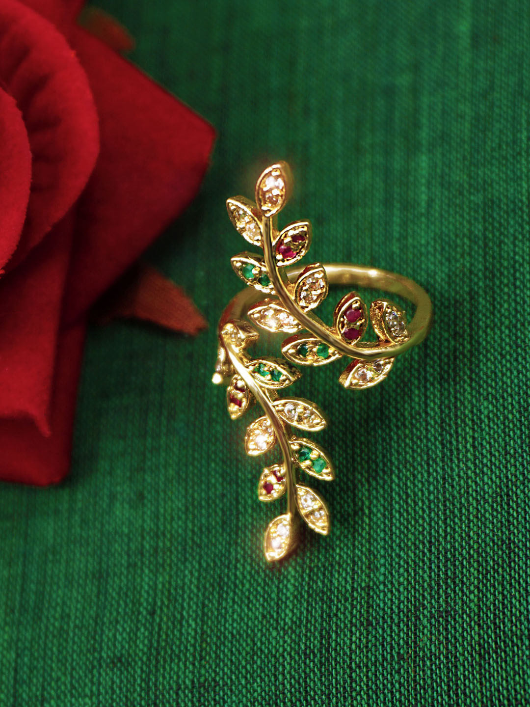 PINAAKA DARINI Stones-Studded New Leaf Finger Ring