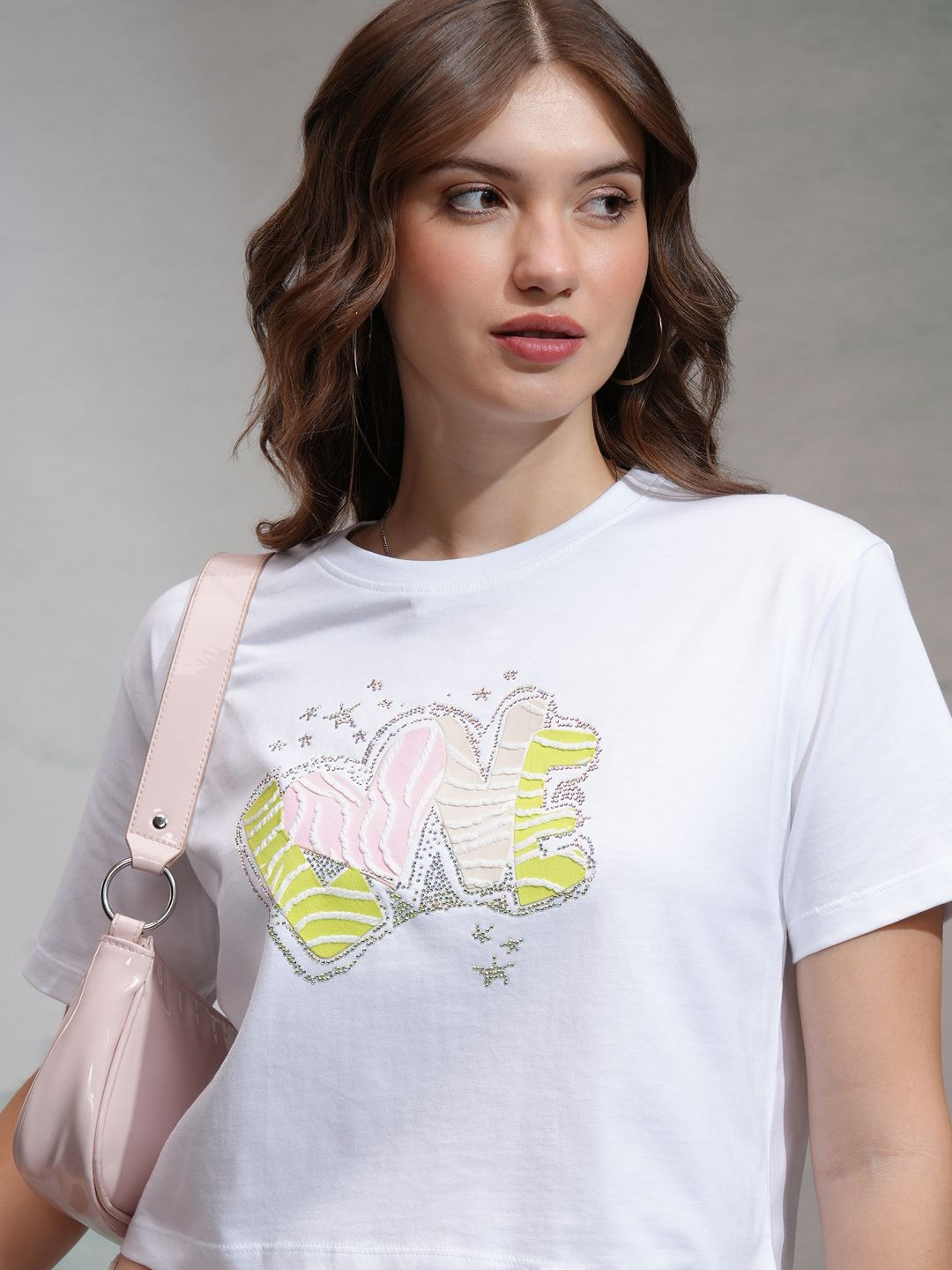 Tokyo Talkies Women Emblished Crop Regular Fit Tshirt