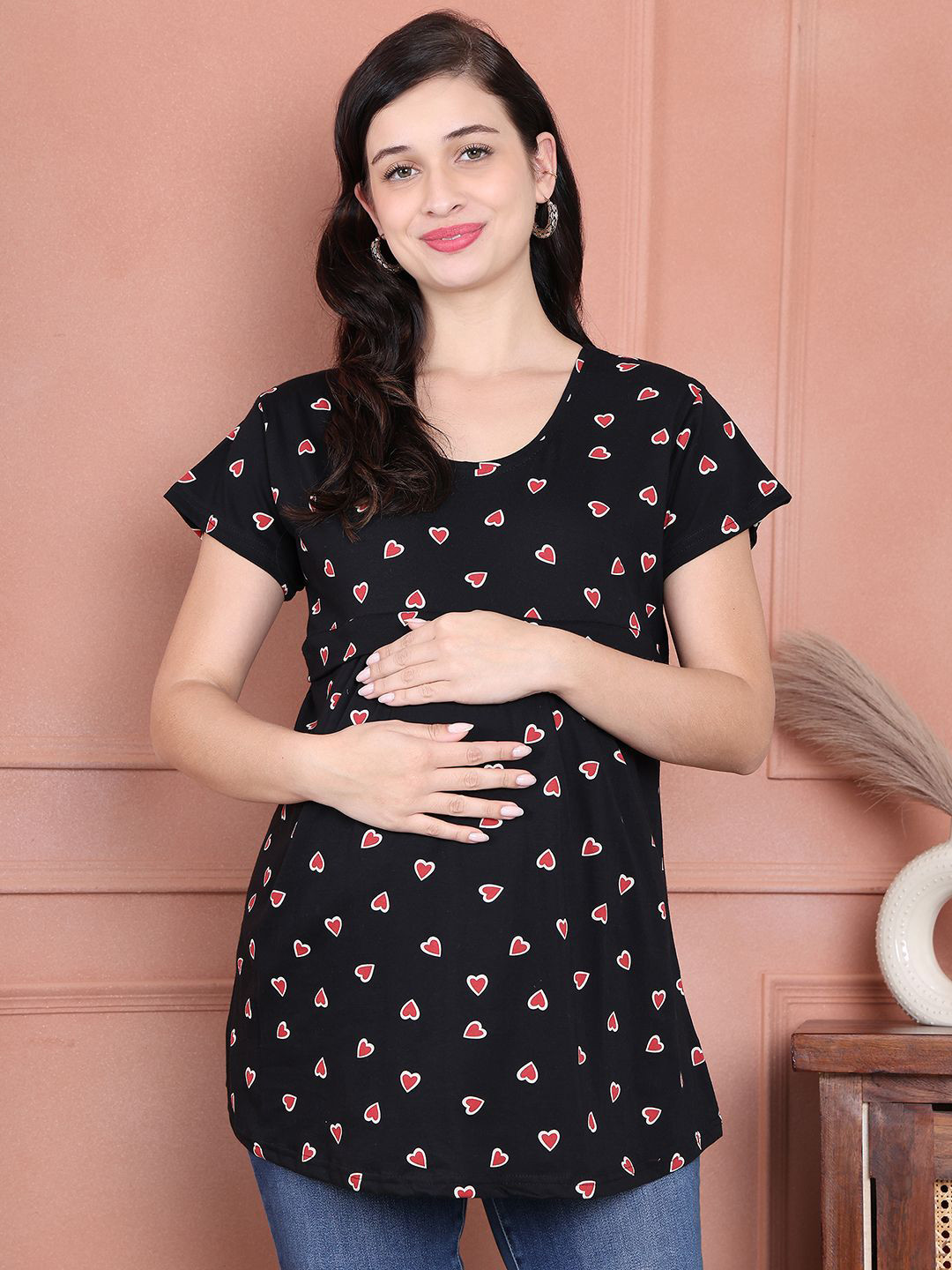 Secret Wish Heart Hosiery Conversational Printed Cotton Maternity Nursing Top