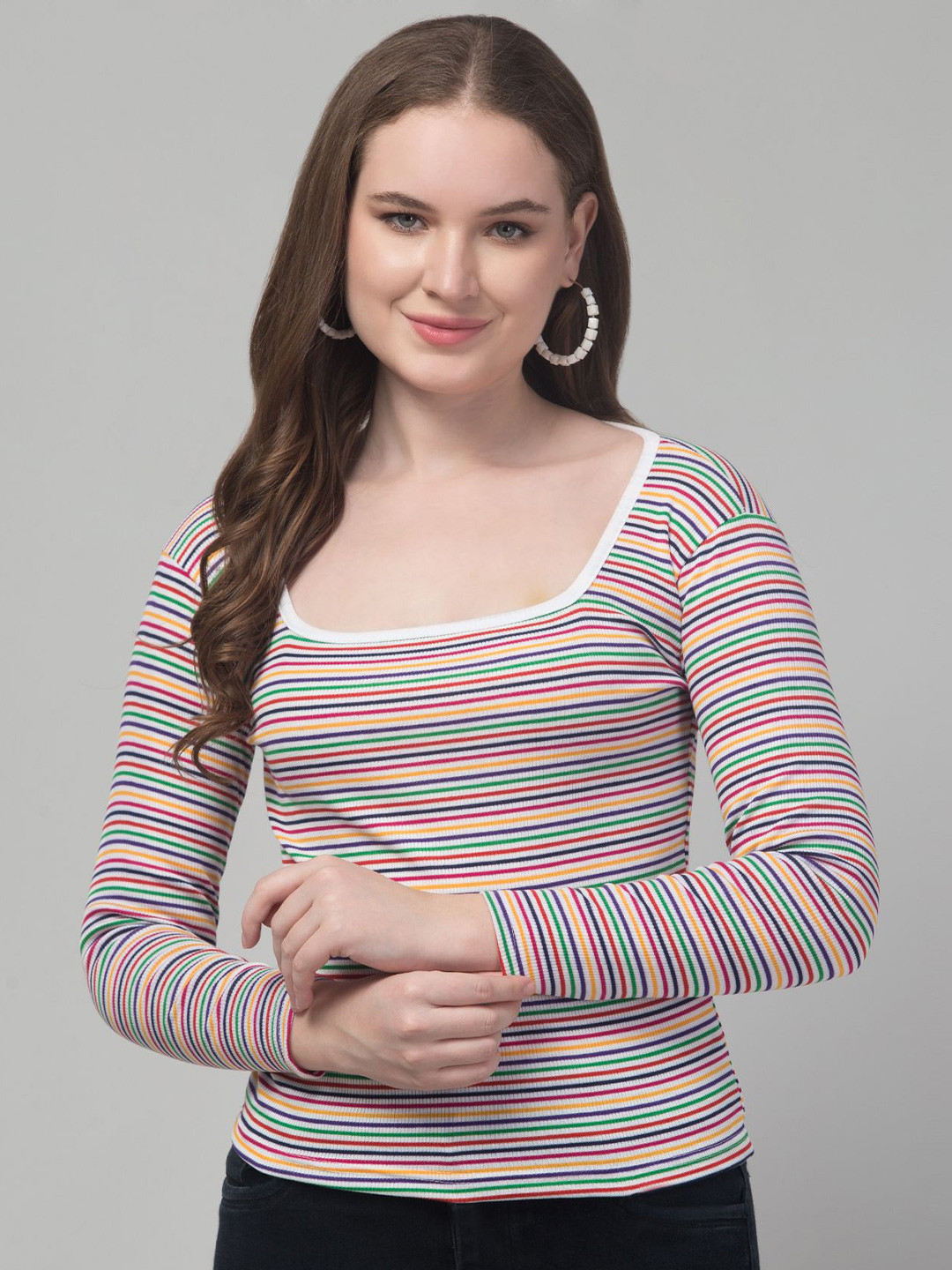 Western Darji Women Cotton Horizontal Stripes Cotton Top