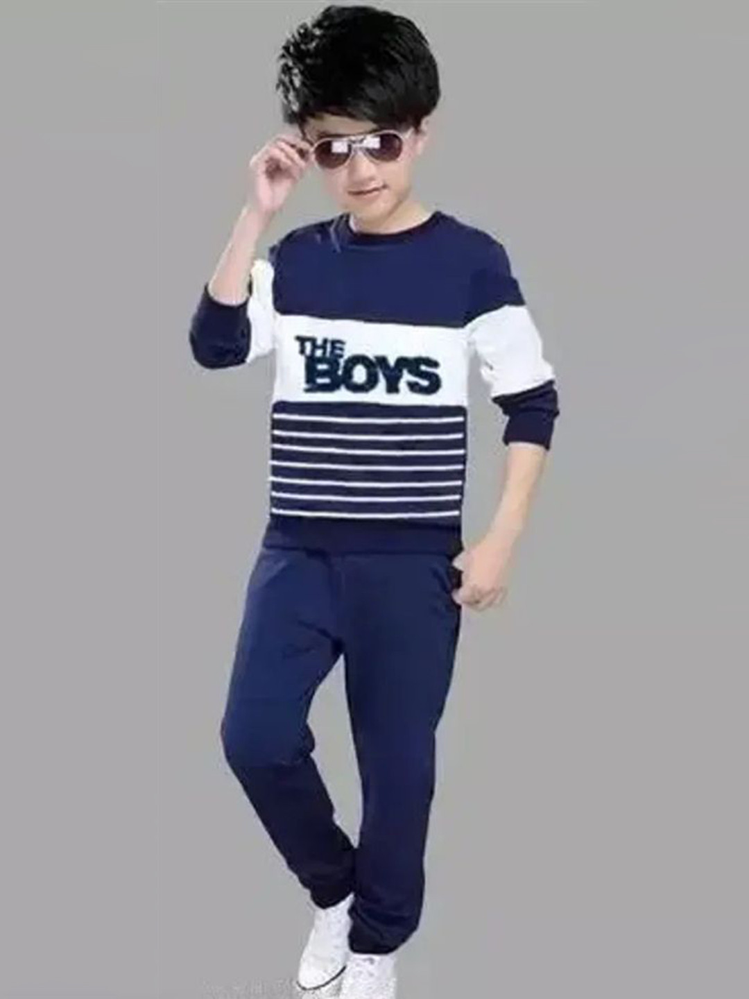 SAN TEE Boys Striped Printed Round Neck Cotton Blend Casual T-shirt With Trousers