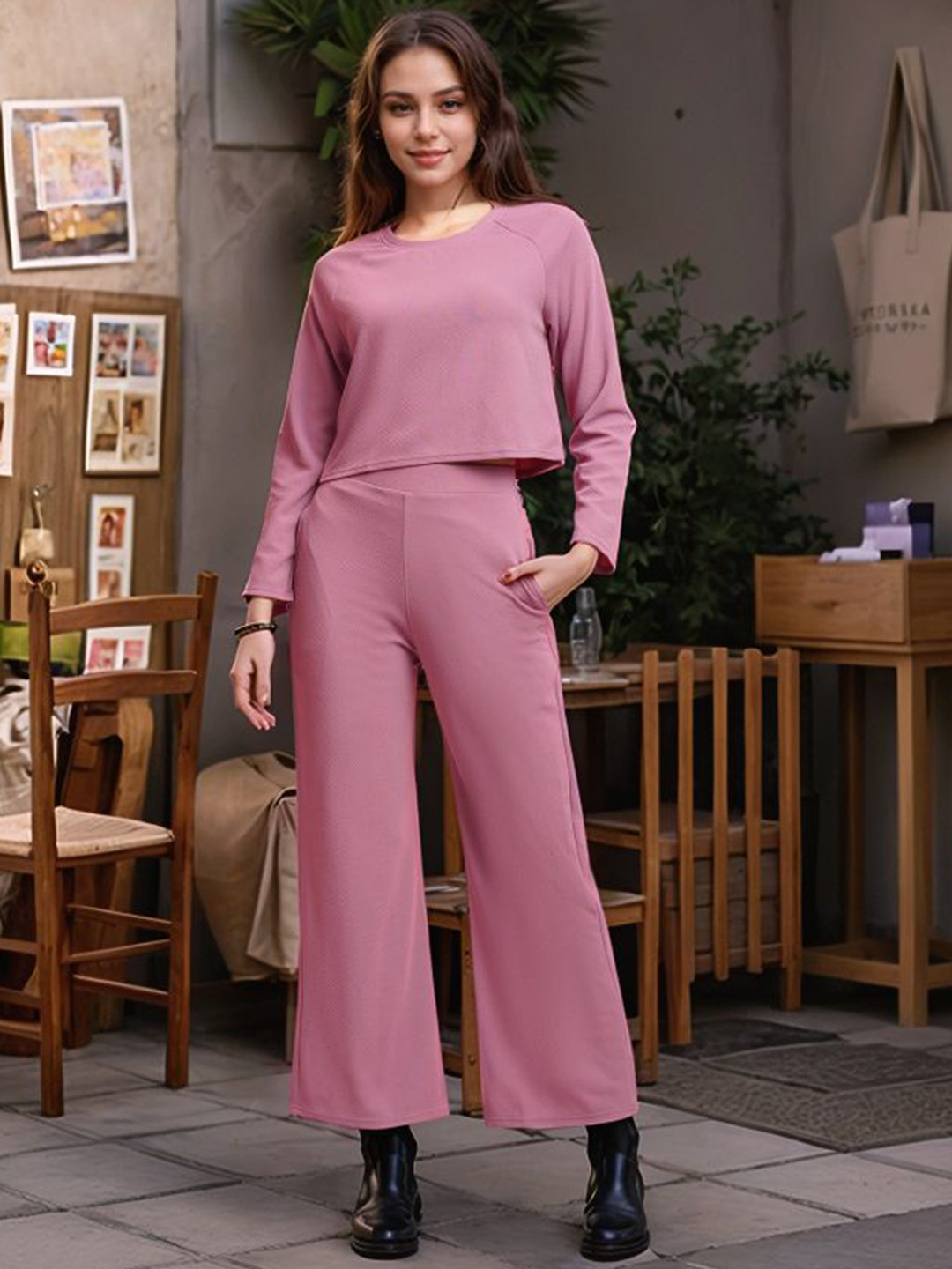 DressBerry Pink Round Neck T-Shirt With Trousers
