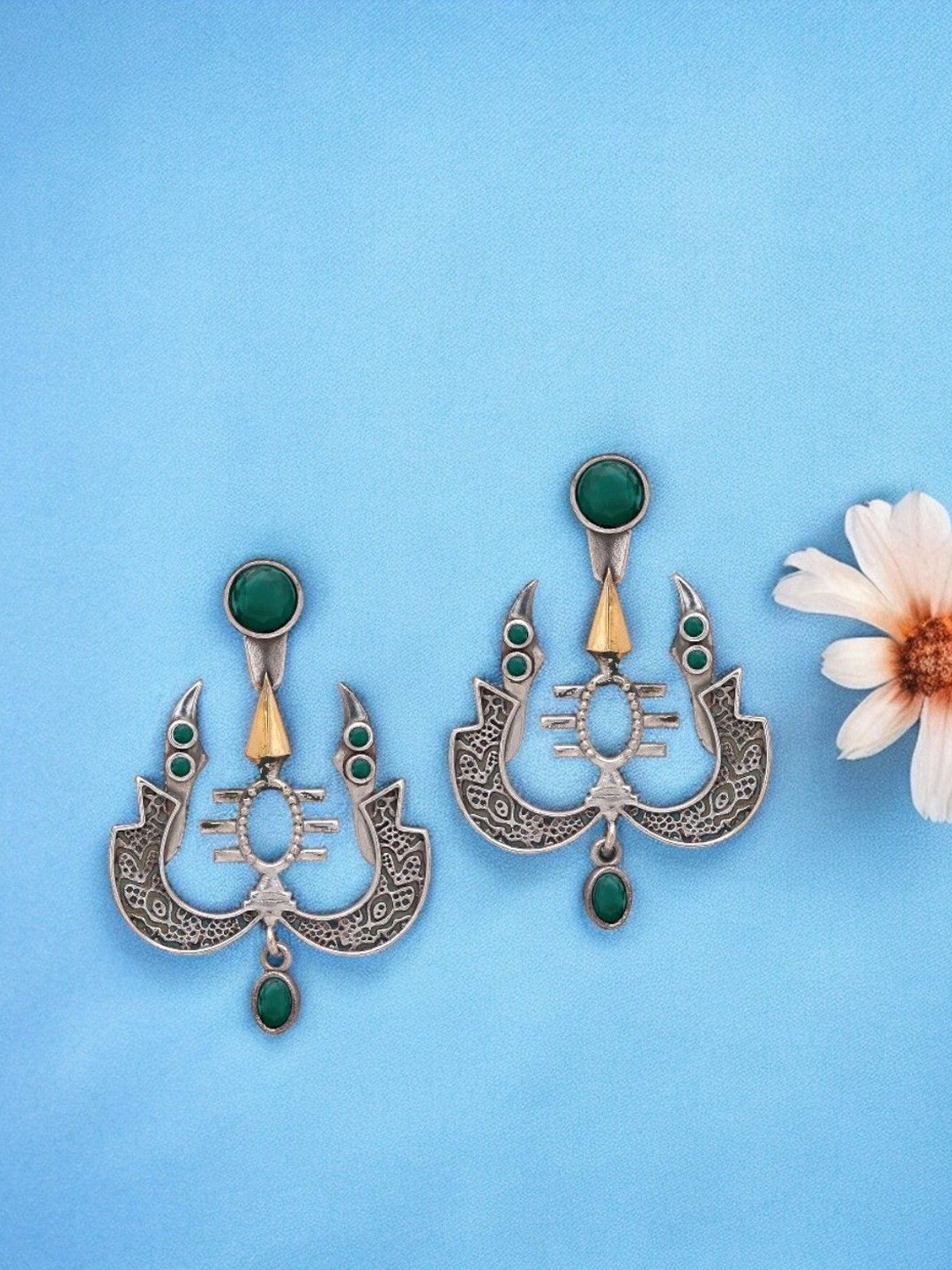 Sangria Antique Silver-Plated Ethnic Green Stone Earrings