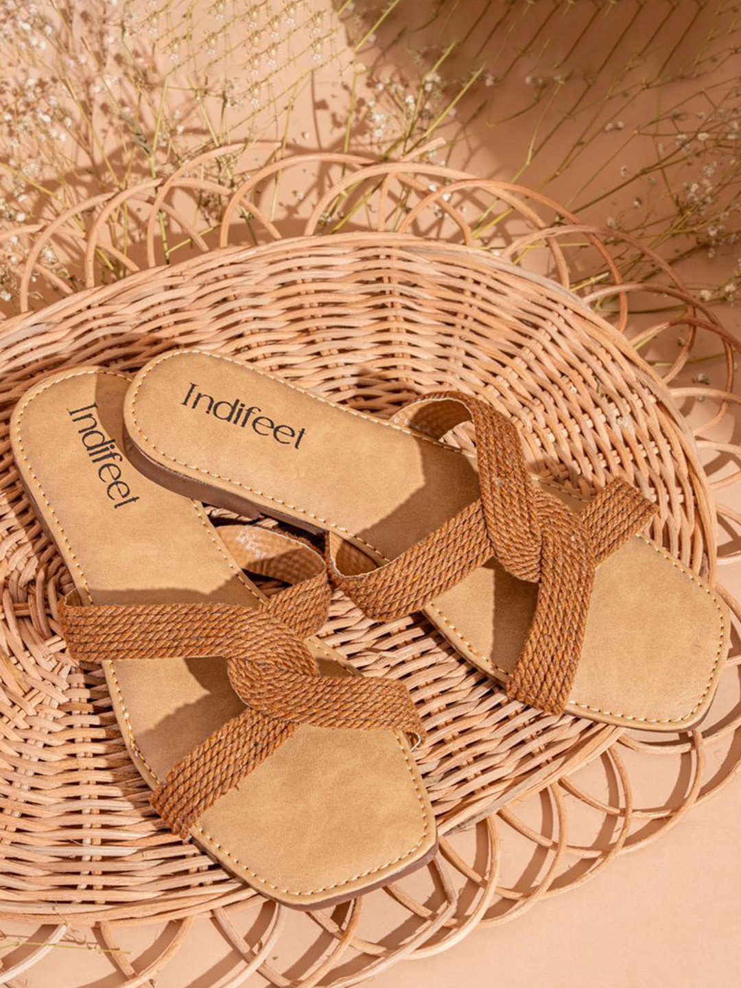 Indifeet Women Open Square Toe Cross Strap Jute Textured Flats