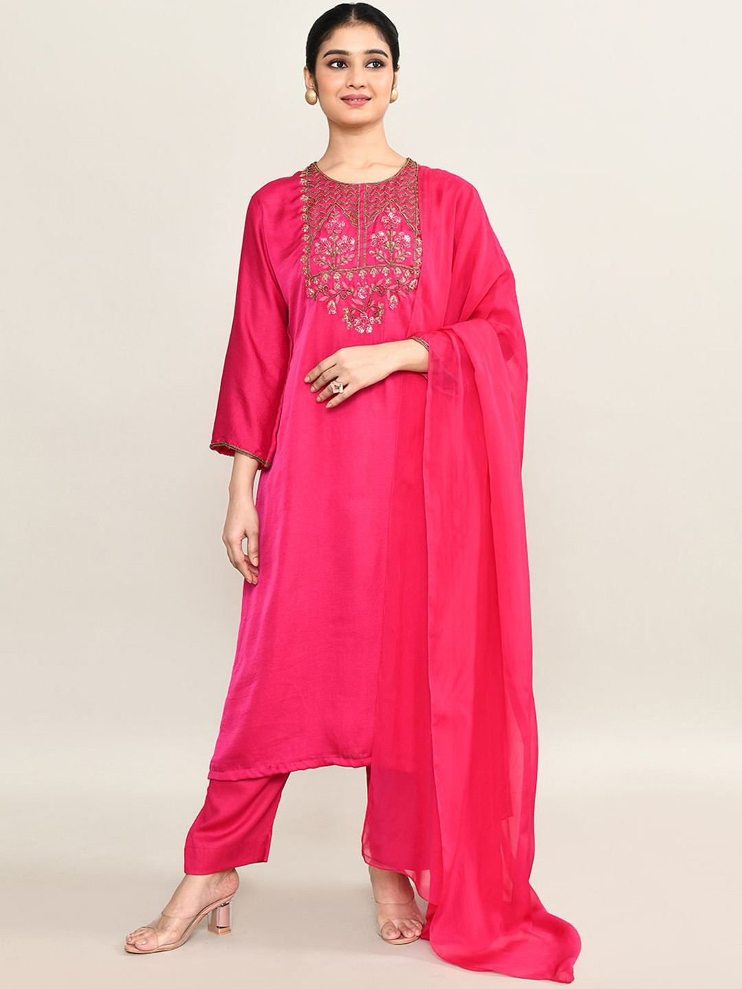 The Maple Floral Yoke Design Beads and Stones Straight  Kurta with Pyjamas & Dupatta