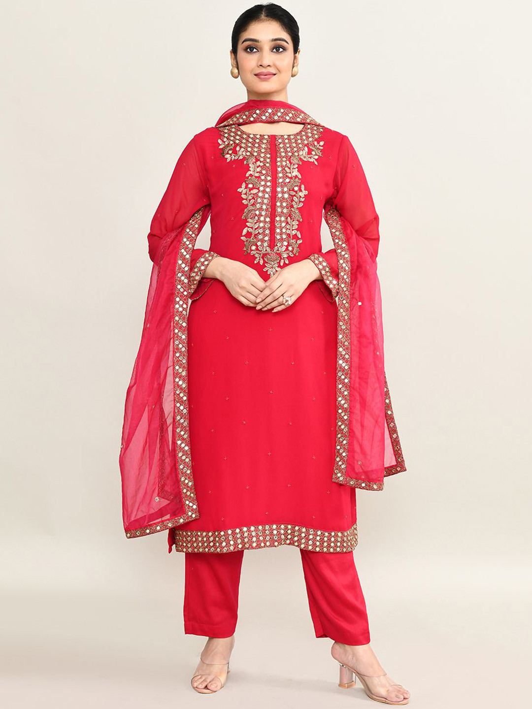 The Maple Floral Embroidered Regular Mirror Work Georgette Kurta With Trousers & Dupatta