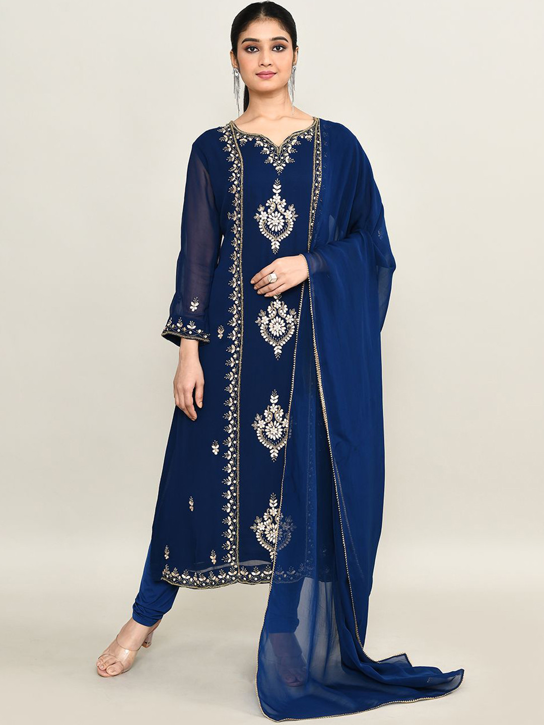 The Maple Floral Embroidered Regular Beads Work Georgette Kurta With Trousers & Dupatta